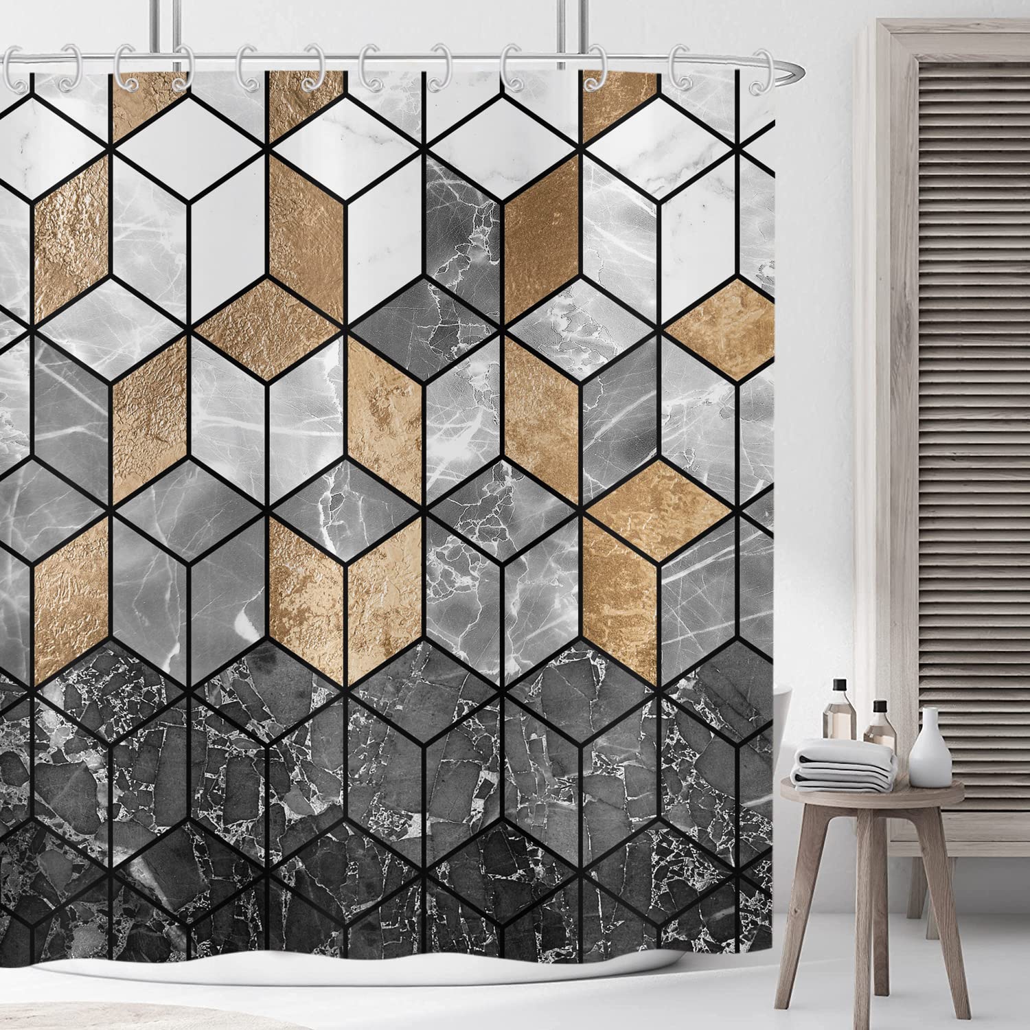 ASDCXZ Shower Curtain Marble 120x180 cm, Modern Light Luxury Black Gold Grey Marble Optic Bathroom Shower Curtains Washable Polyester Textile Waterproof Shower Curtain for Bathtub with 8 Hooks โ image 1