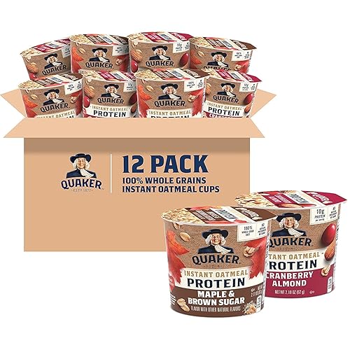 Quaker - Tazas de avena instantánea, paquete de 0.35onzas  10 g. de proteína, paquetes de 2 variedades de sabores, (paquete de 12)