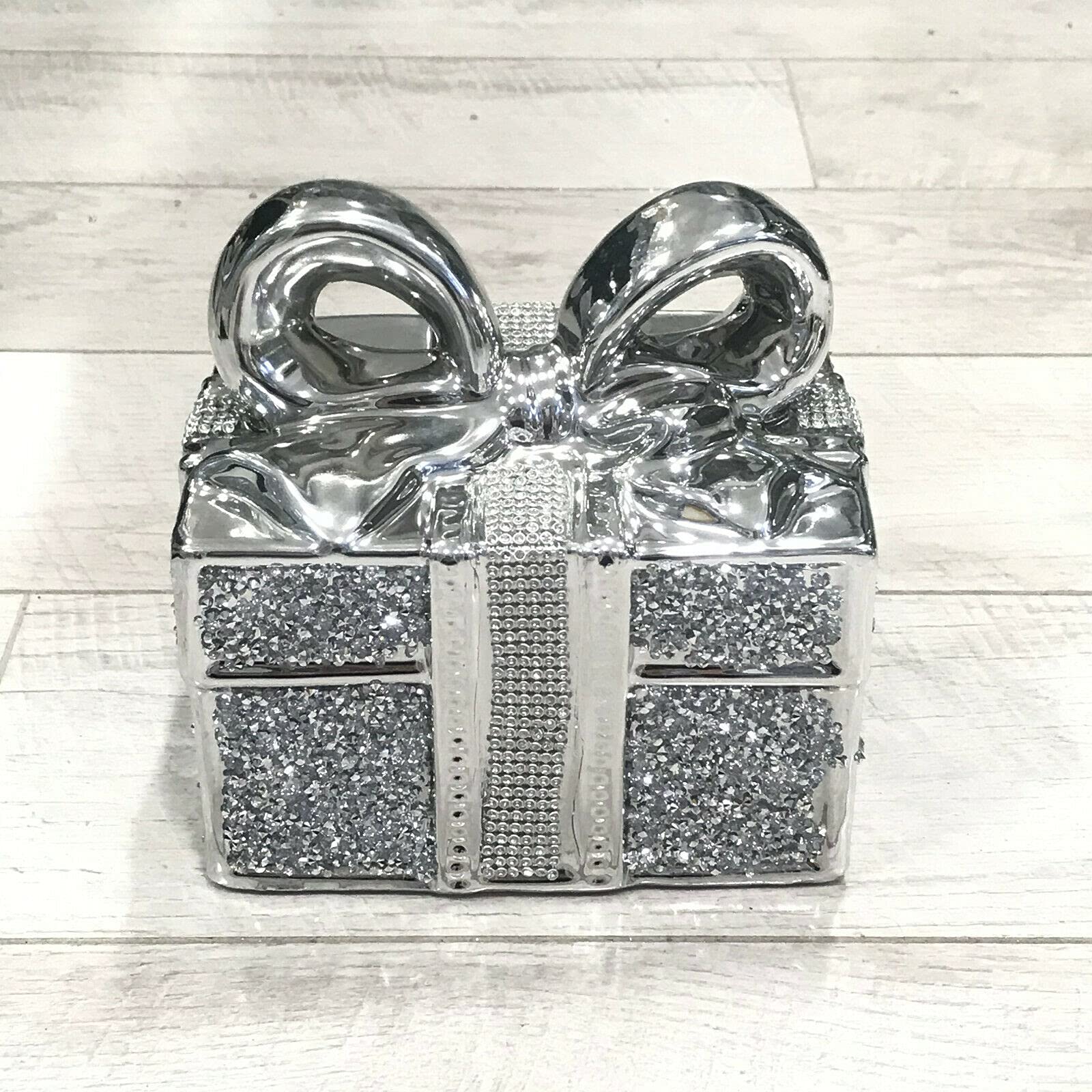Touch of Venetian Silver Crushed Diamond Sparkly Gift Box Present Bow Ornament Shelf Sitter Bling