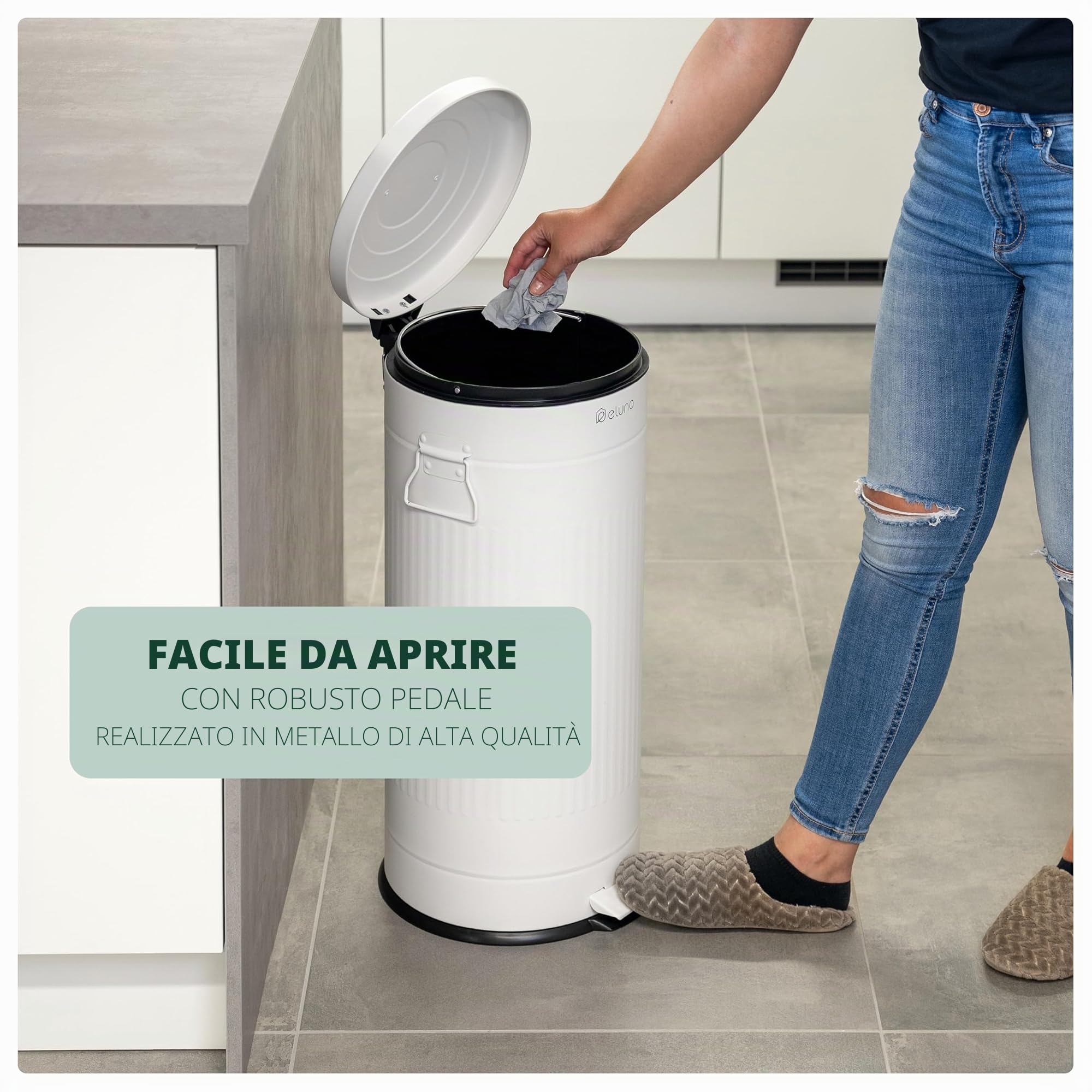 eluno Pattumiera vintage, pattumiera a pedale, da cucina, 30 litri, con secchio interno in plastica rimovibile (Bianco)