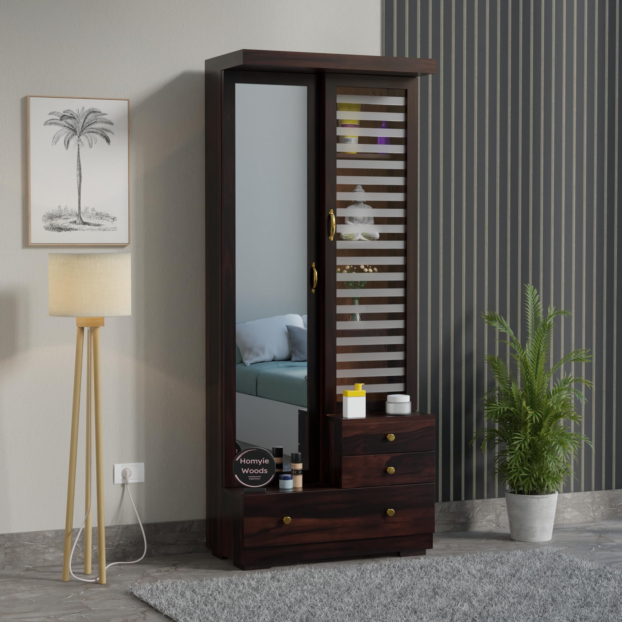 Homvie Woods Wooden Dressing Table with Mirror, Honey Brown Finish, Geometric Design, 3 Drawers and Cabinet Storage, 72x30x13 Inch (New Walnut)-image-42