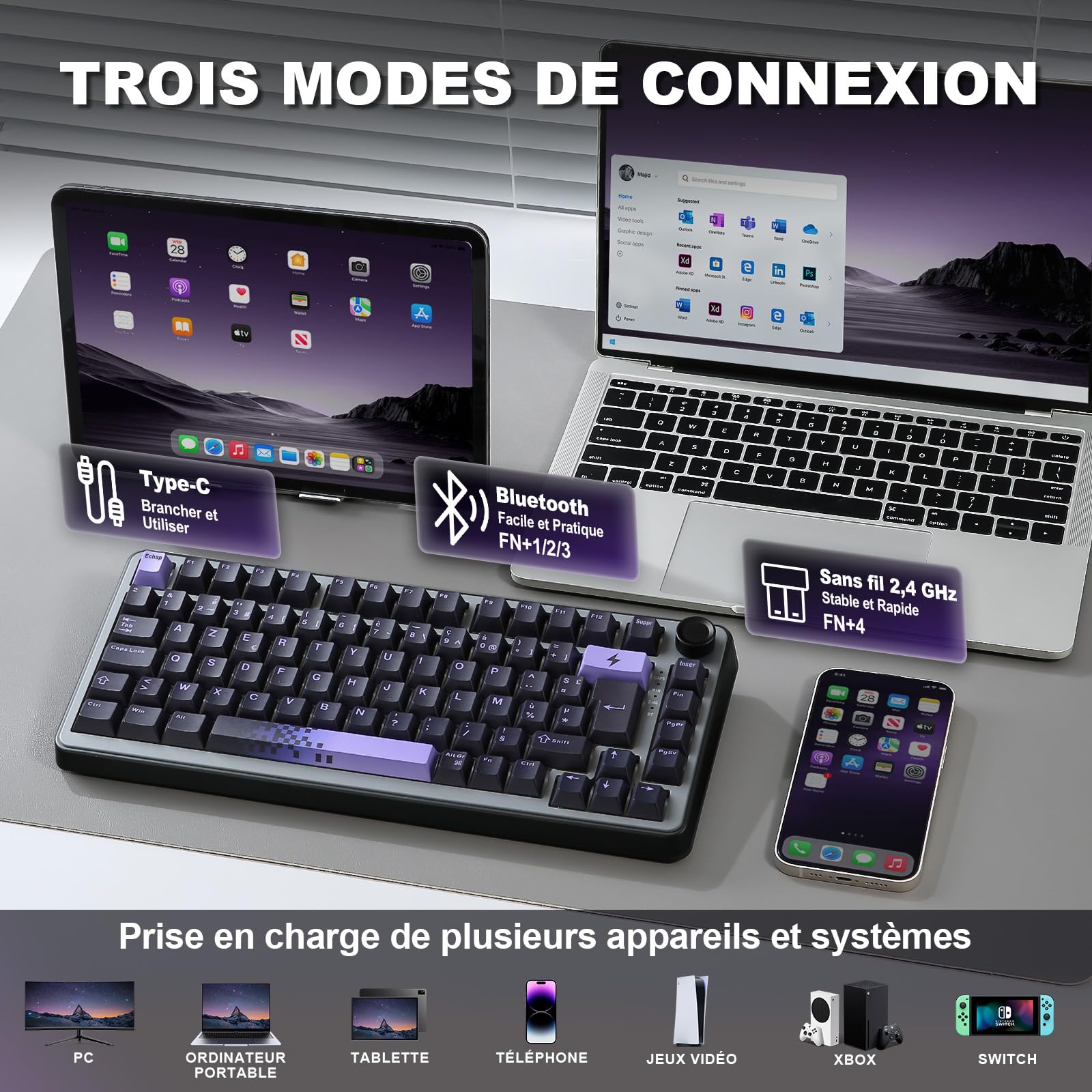 YUNZII B75 Pro FR AZERTY Clavier Gamer sans Fil (Noir, Milk V2 Switch) | Français Disposition 75% , Bluetooth 5.0 / 2,4 / USB-C Filaire, RGB, Hotswap, Structure Gasket, Touches PBT