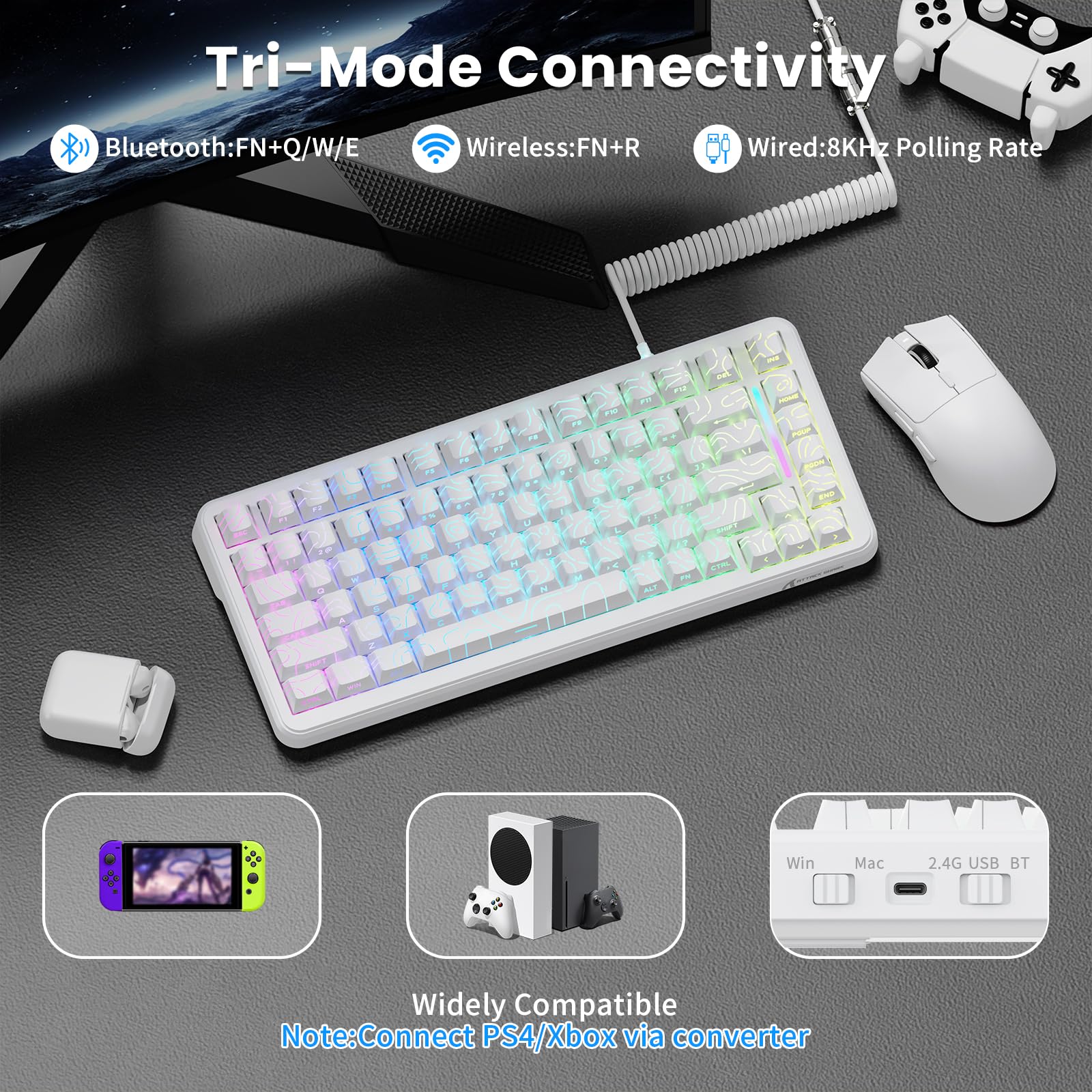 ATTACK SHARK X82PRO HE Clavier Magnétique Sans Fil 75 % avec Déclenchement Rapide, Clavier Gaming Filaire 8000, Switchs à Effet Hall à Actionnement Réglable, QWERTY, RGB, C01 Câble Spiralé RGB -Blanc