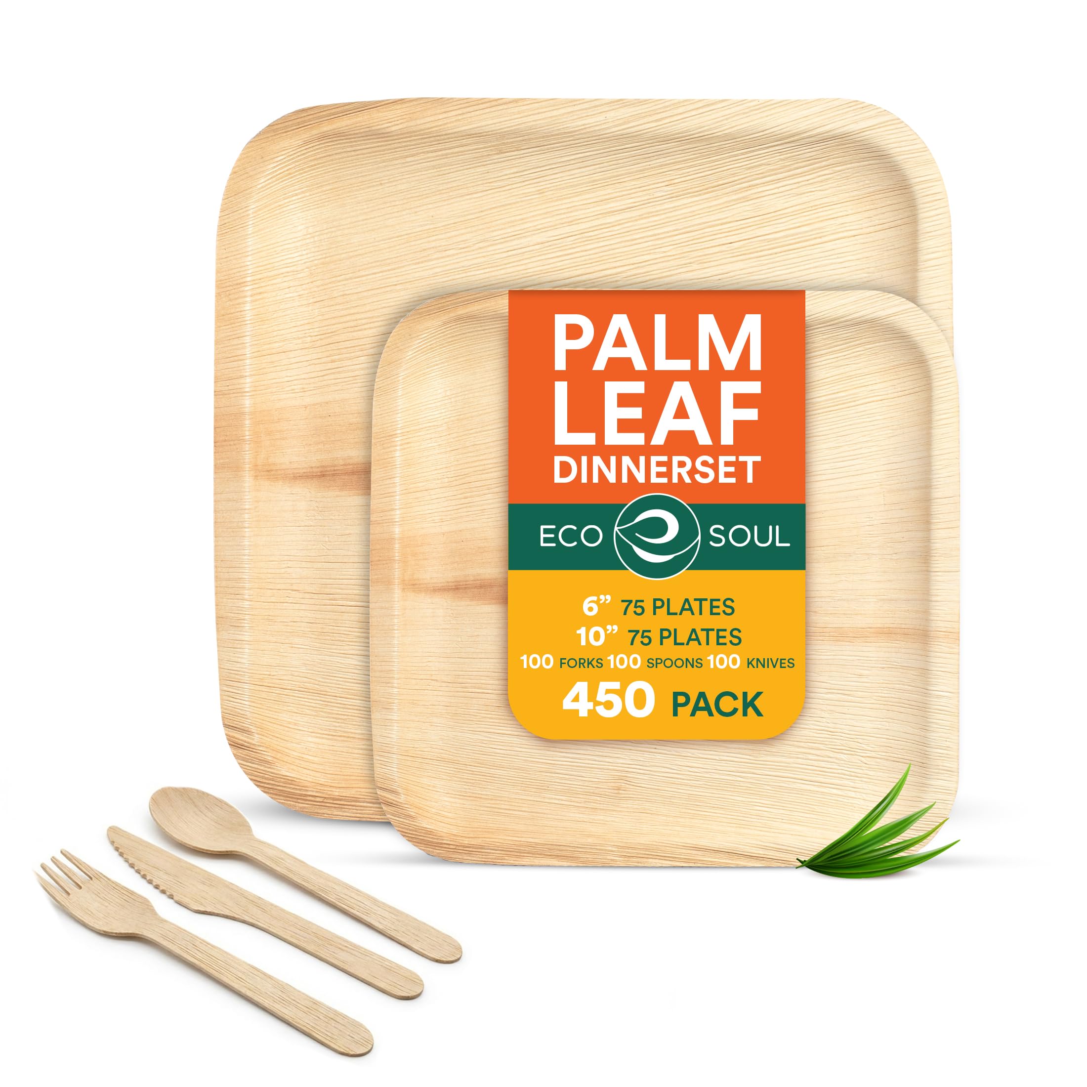 ECO SOUL Palm Leaf Plate Set of 450 for 75 Guests [10", 6" Square Plates 75 Count Each | Fork, Knife, Spoon,100 Count Each] |Biodegradable Disposable Dinnerware for Christmas Dinner & Event