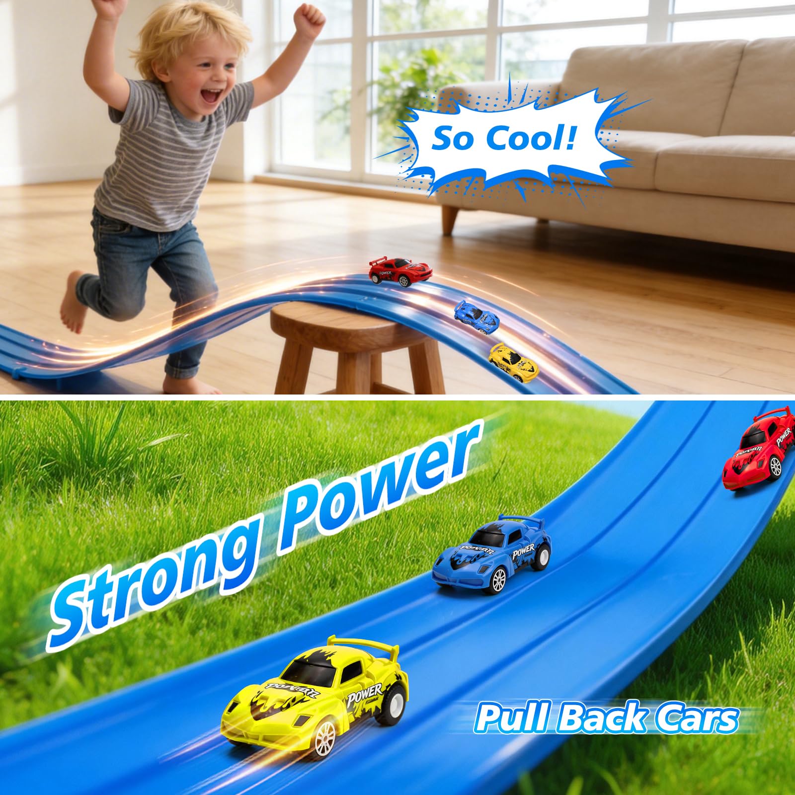 Flexible Autorennbahn Kinder, 3-Spur 5M Rennbahn Inklusive 6 Autos, Autorennbahn Race Car Track für 1/64th Autos, Hot Wheels Bahn Geschenke für 3 4 5 6 7 8 Jahre Jungen Mädchen