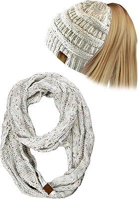 C.C Colorful Confetti BeanieTail Messy High Bun Cable Knit Beanie and Infinity Loop Scarf Set, Ivory