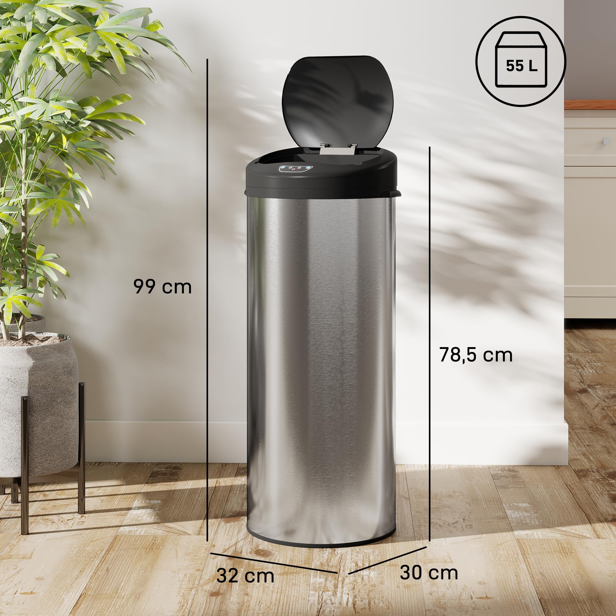 HOMCOM Cubo de Basura Cocina Automático 55 L con Sensor Infrarrojo, Papelera de Cocina de Acero Inoxidable Antihuellas con Cierre Suave y Anillo para Hogar, Oficina y Dormitorio, Plateado