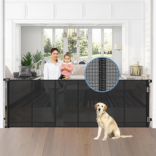 Miniatura 14 de Puerta retráctil reforzada para bebés de 75 pulgadas de ancho con barras de soporte, puertas retráctiles para perros extra largas mejoradas para