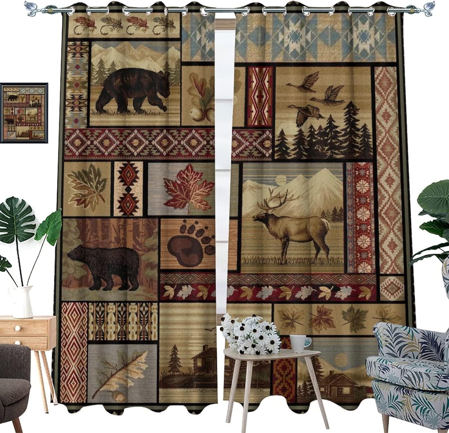 Vintage Deer Bear Farmhouse Room Darkening Blackout Window Curtains with Grommets,Retro Cabin Lake Country Lodge Moose Energy Efficient Window Treatment for Living Room 2 Panels 63L x 31.5W