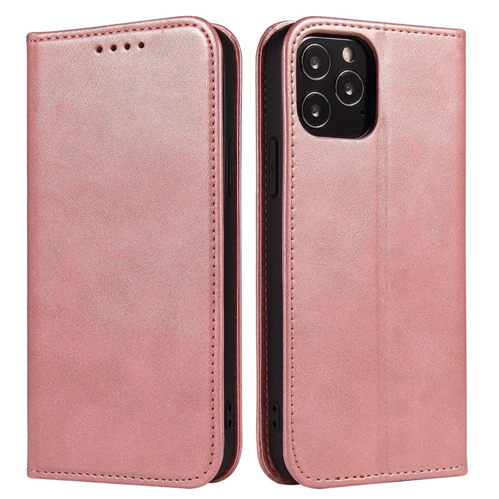 LTL Etui na telefon do iPhone 13 Mini/13/13 Pro/13 Pro Max, ręcznie robione skórzane etui z klapką z przegródkami na karty, etui na telefon, magnetyczne zamknięcie, różowe, 13 6,1 cala