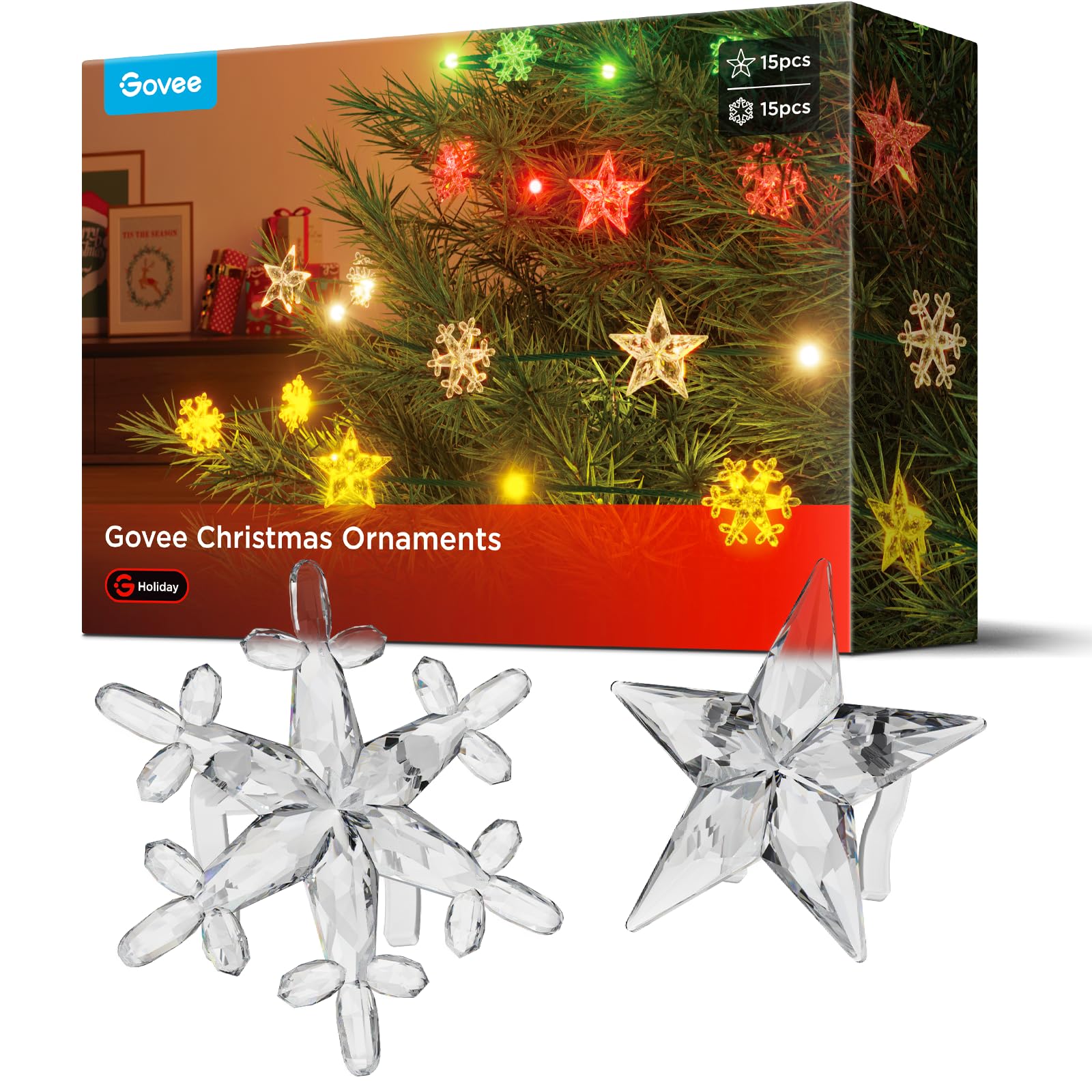 Govee Christmas Ornament, 30pcs Clear Crystal Acrylic Star and Snowflake for Christmas String Lights, Xmas Tree Decorations, Home Deco, New Year, Party (No String Lights Included)