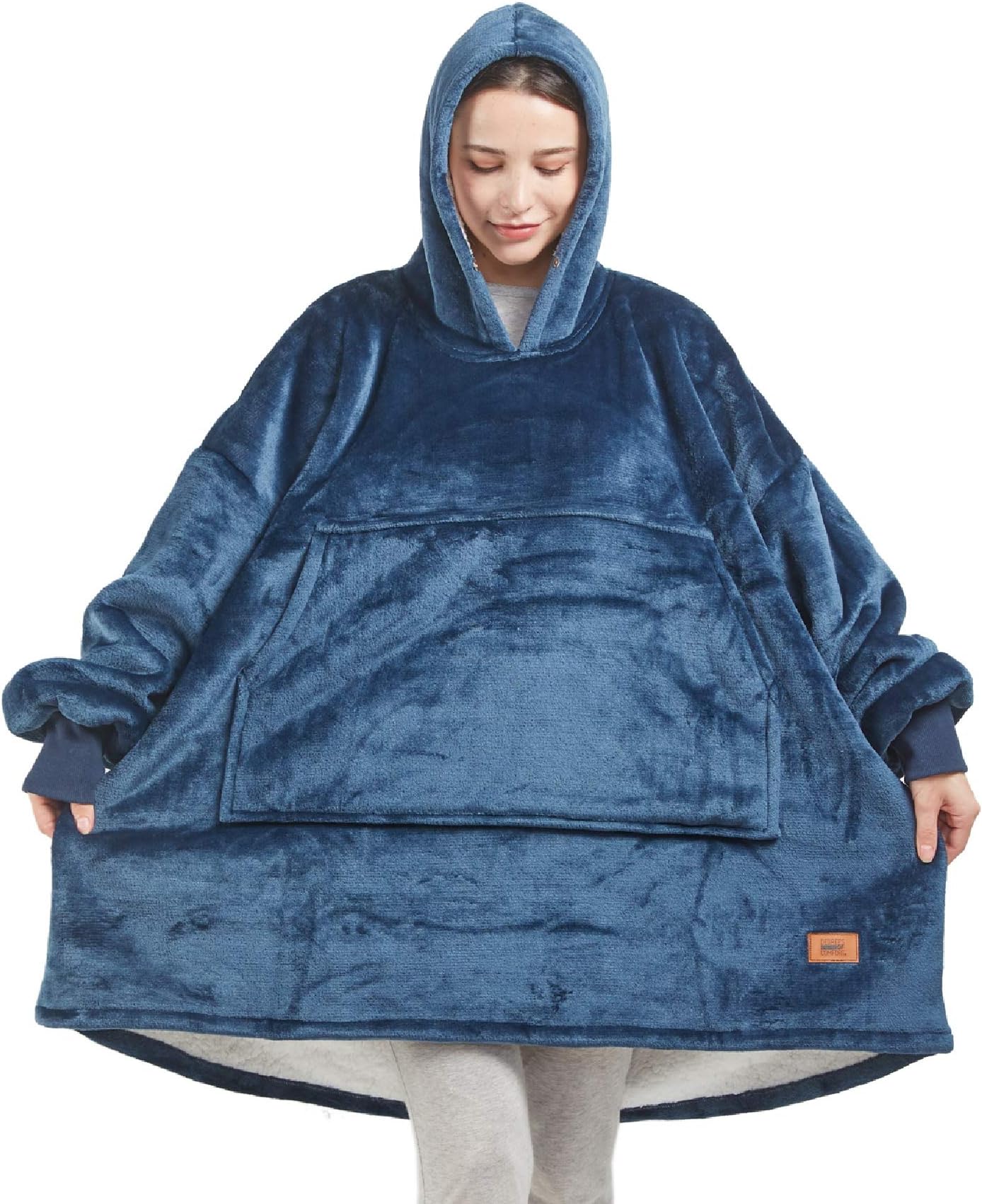 Degrees of ComfortDEGREES OF COMFORT Original Sherpa Wearable Blanket Hoodie, Oversized Hooded Sweatshirt Blankets, One Big Size Fits All, 38x32 Navy Blue