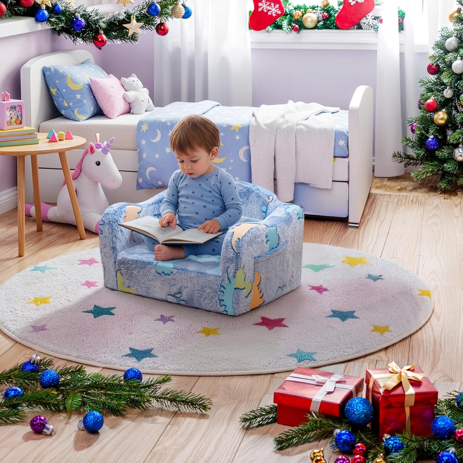 Lamerge 2-in-1 Toddler Couch,Glow in The Dark Baby Floor Bed,Foldable Toddler Chair Kids Sofa for playroom,Convertible Sofa to Lounger for Girls and Boys (Blue and Dinosaur) - Image 5