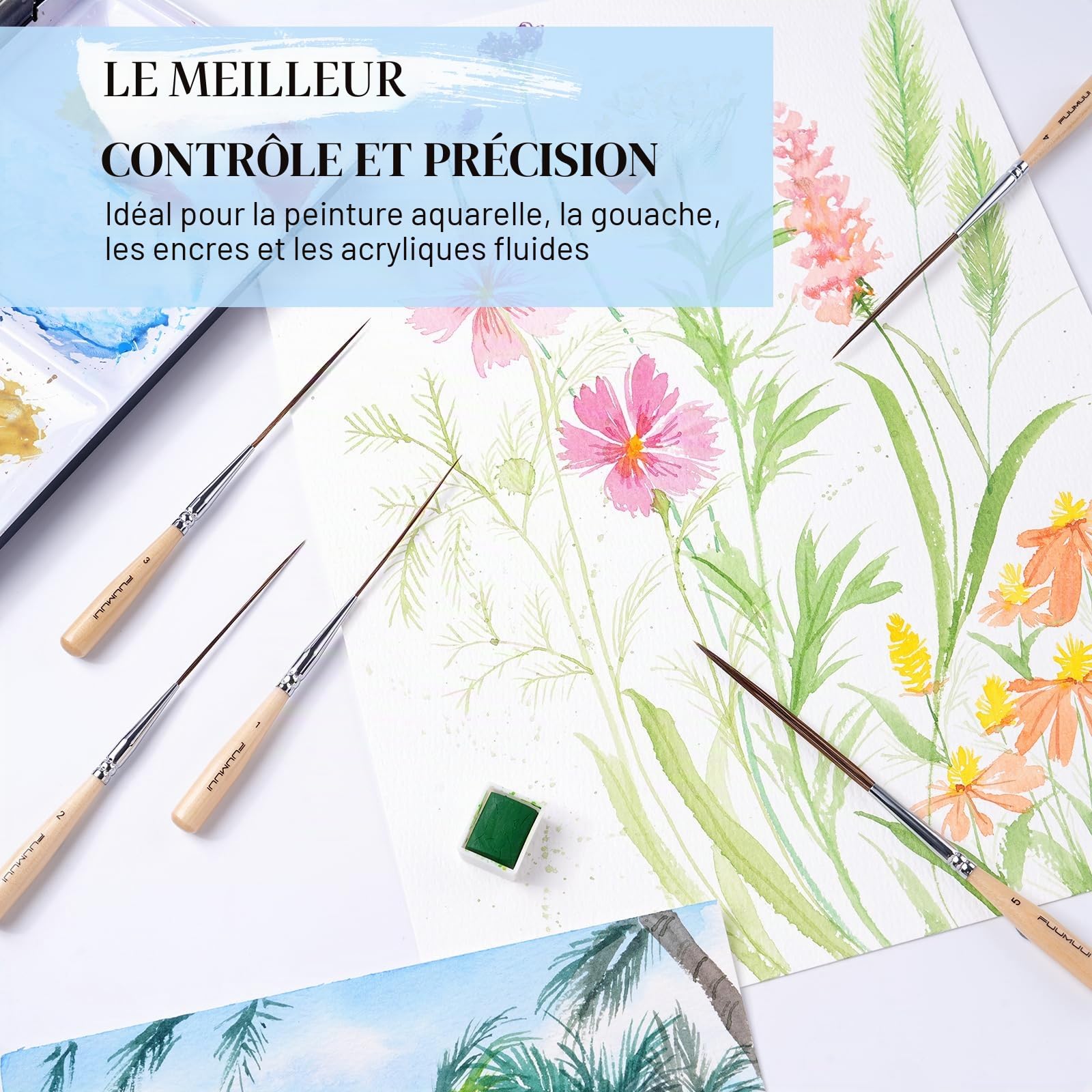 Pinceaux Traceur Extra Longs - 5 Pinceaux D’Artiste en Poils de Bœuf pour Remplir Les Coins, Marquer, Tracer Les Contours et Travailler Les Bords | Idéal pour Aquarelle, Acrylique et Huile
