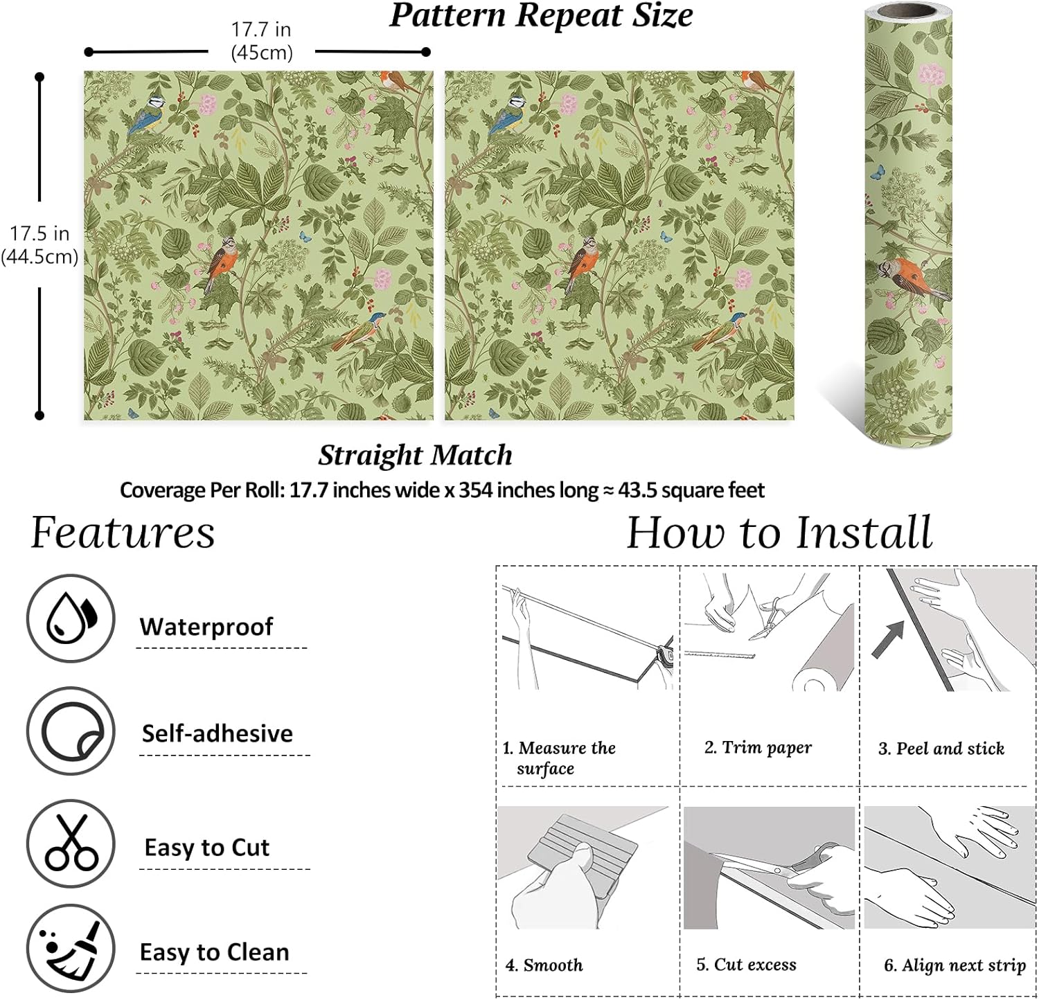 VEELIKE Vintage Floral Peel and Stick Wallpaper Green Bird Chinoiserie Wallpaper for Bedroom Bathroom 17.7''x354'' Self Adhesive Removable Green Contact Paper Floral Wall Paper for Living Room Kitchen