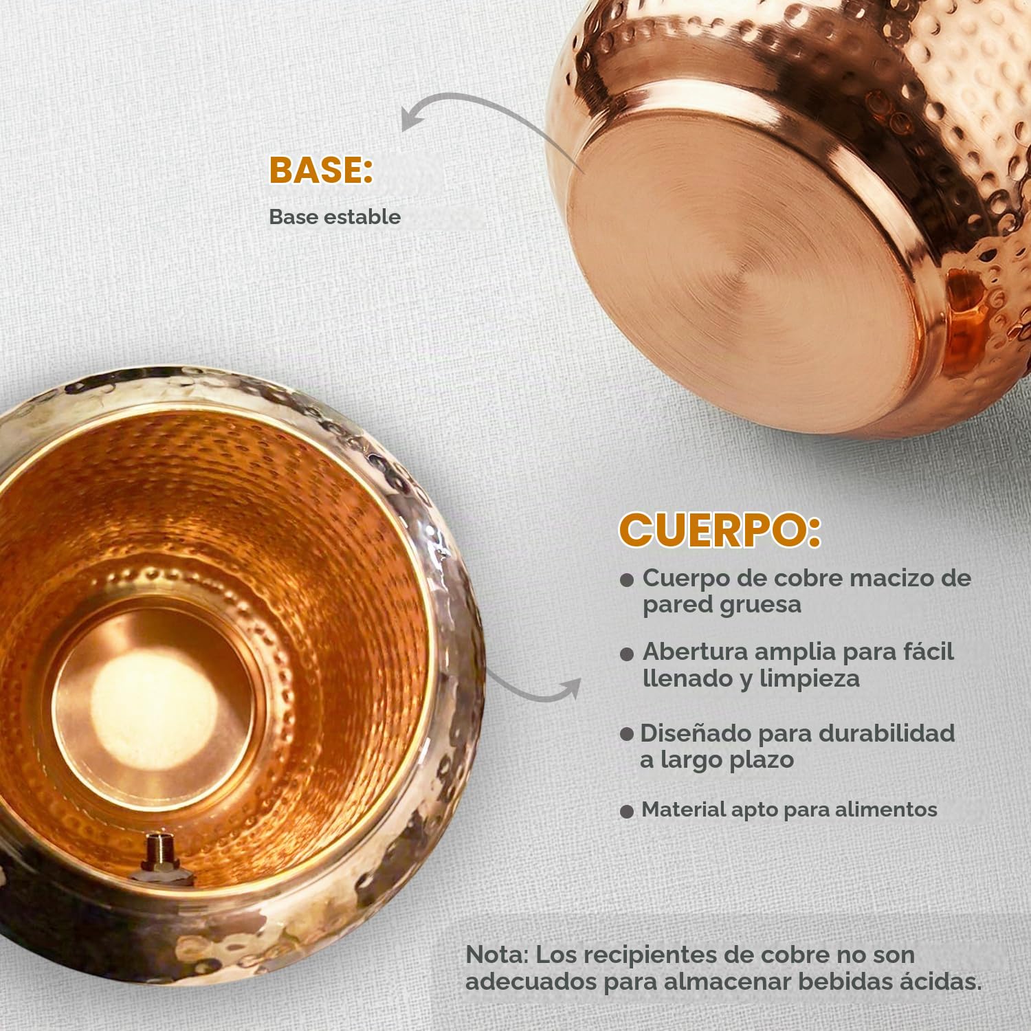 Dispensador de agua de cobre de 8 l con 2 vasos, 99,99% cobre puro, gran volumen, grifo a prueba de fugas, cierre de silicona, apertura ancha, hecho a mano, ayurvédico, antimicrobiano, respetuoso con