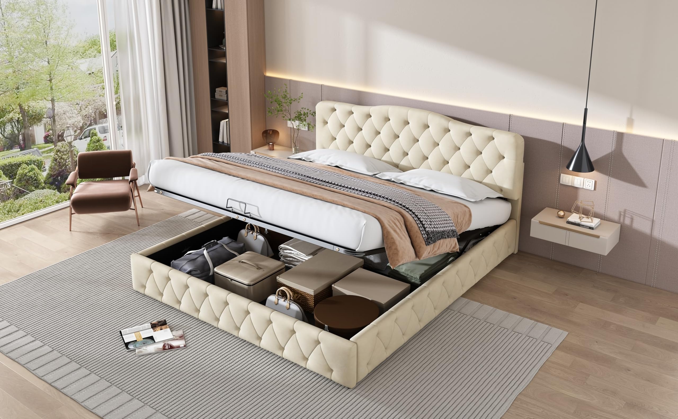 Polsterbett 180X200 Mit Lattenrost Und Kopfteil, Jugendbett, Polsterbett Mit Höhenverstellbares Kopfteil, Stauraumbett, Samt, Beige