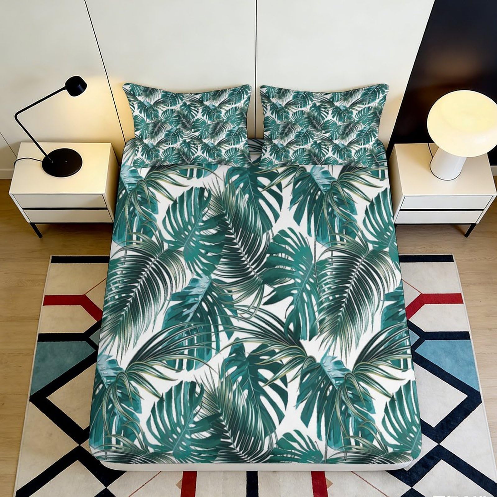 Jqzkxnhpbr Style-7 3D Printed Tropical Leaf Fitted Sheet Microfiber Soft Green Botanical Bed Cover For Bedroom Guest Room Decor 90X200x25cm