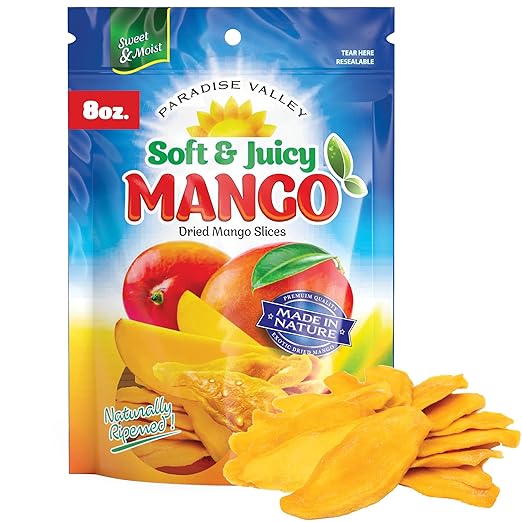 Dried Mango Slices - Delicious Texture Soft & Juicy Low Sugar Added Dried Mango - Naturally Ripened Mangos Dried Fruits - Gluten Free Dry Mangoes Natural Source of Vitamin C, Fiber, (8 oz Single Pack)
