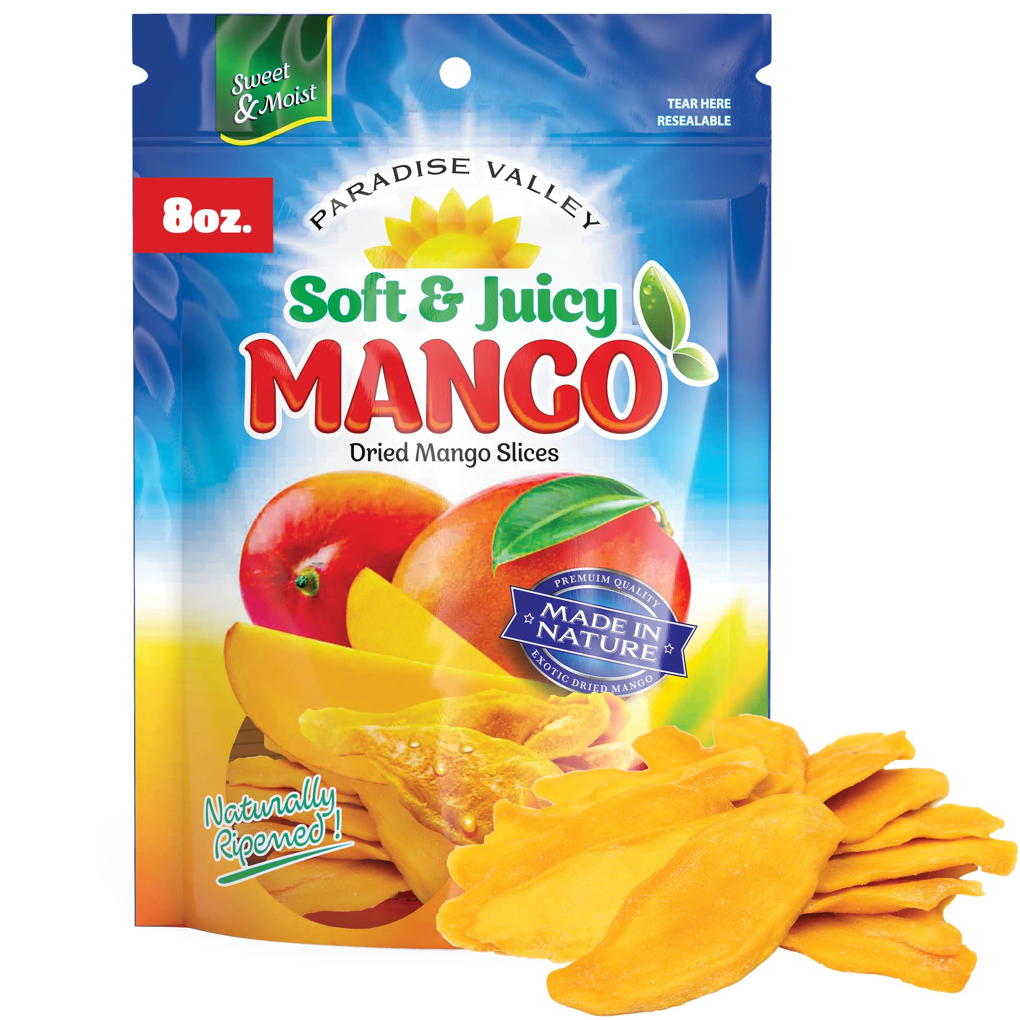 Dried Mango Slices - Delicious Texture Soft & Juicy Low Sugar Added Dried Mango - Naturally Ripened Mangos Dried Fruits - Gluten Free Dry Mangoes Natural Source of Vitamin C, Fiber, (8 oz Single Pack)