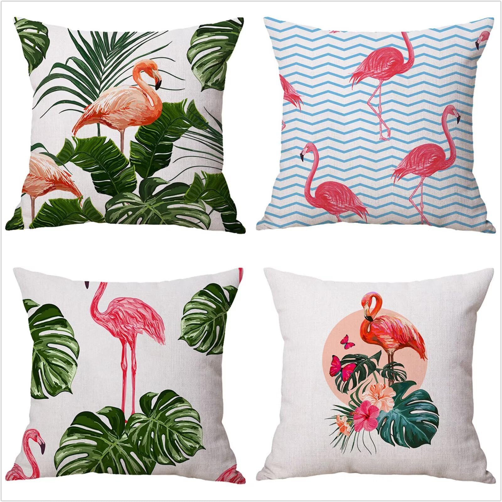 Juego de 4 Impermeable Funda de Cojín Flamenco Tropical,65x65cm Moderno Suave Transpirables Lino Fundas de Almohada Cojines Decorativos con Cremallera Oculta para Exterior Sofá Cama Coche Hogar