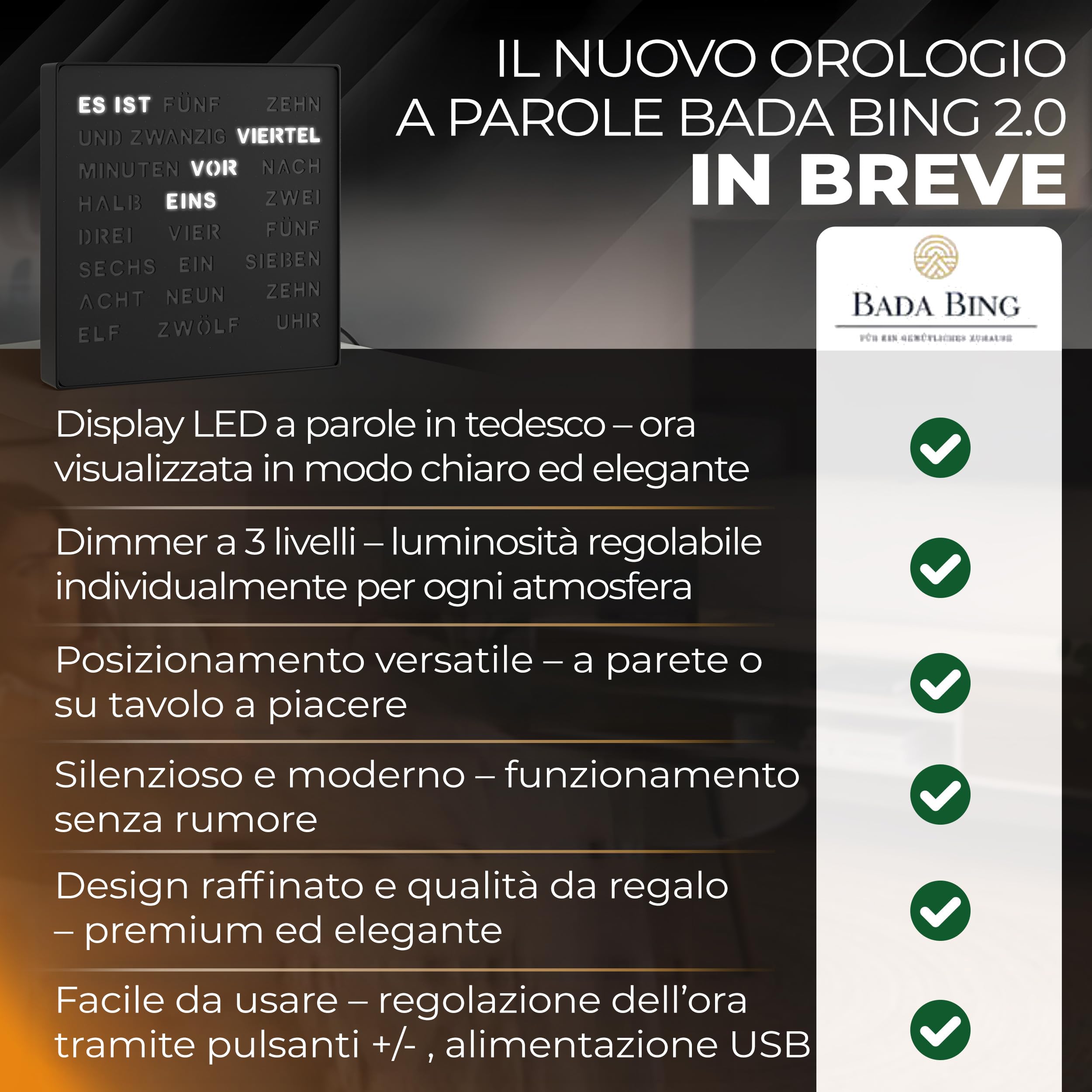 Bada Bing Orologio da parete a LED, nero, con scritta in lingua tedesca | elegante orologio da parete in metallo, con cavo USB, moderno, di alta qualità, silenzioso, da appoggio/appendere, idea