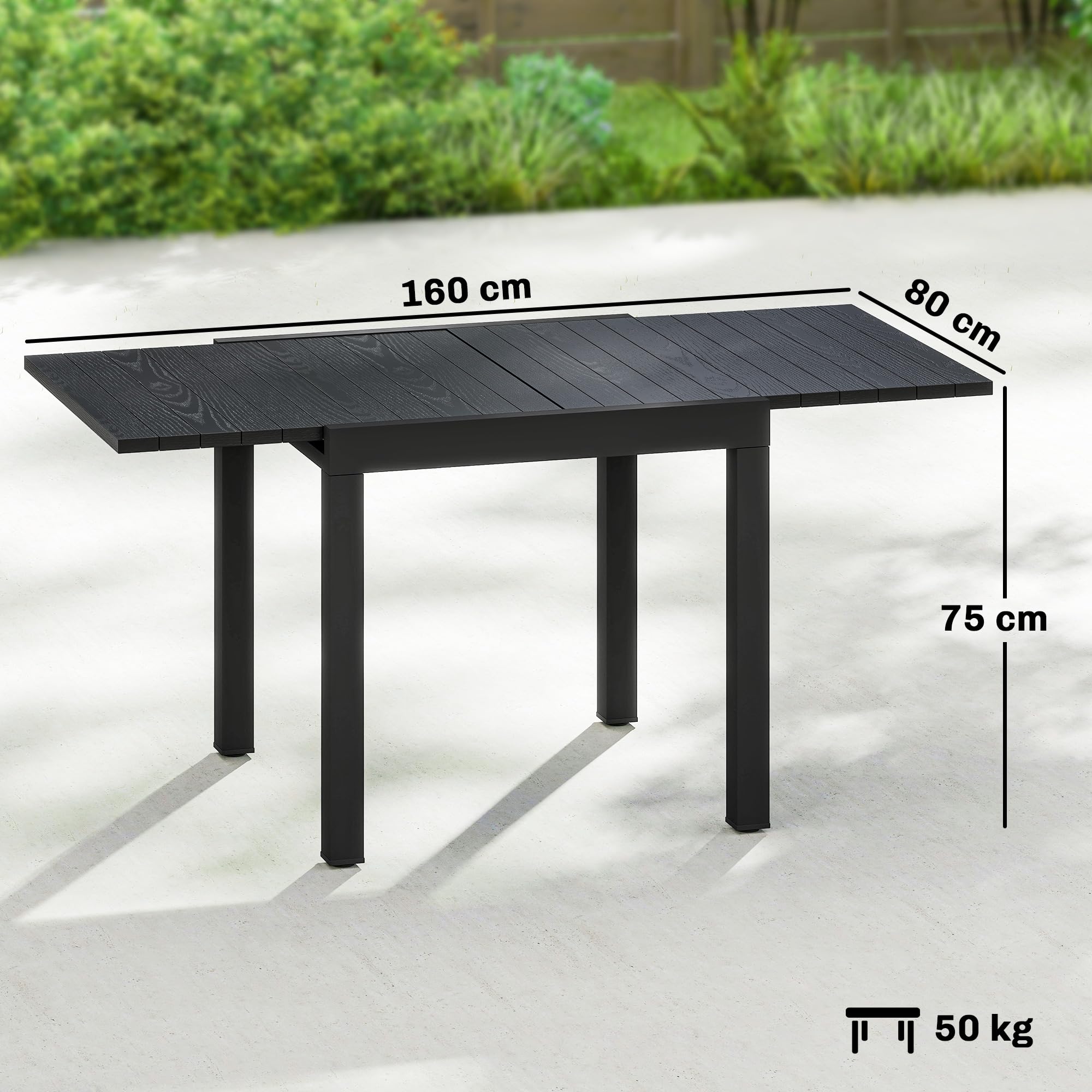 Outsunny Tavolo da Giardino Allungabile per 4-6 Persone 80/160x80 cm, Tavolo da Pranzo Esterno Estensibile Rettangolare in Alluminio con Piano Effetto Legno a Doghe, per Patio Terrazzo Balcone, Nero