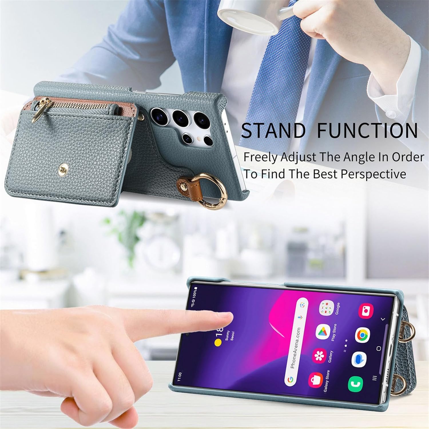 Wallet Case for Samsung Galaxy S22 Ultra with Lanyard Strap Card Slot Holder RFID Blocking 360° Ring Kickstand,Magnetic Flip Folio Zipper Purse Case, PU Leather Cover Handbag,Blue
