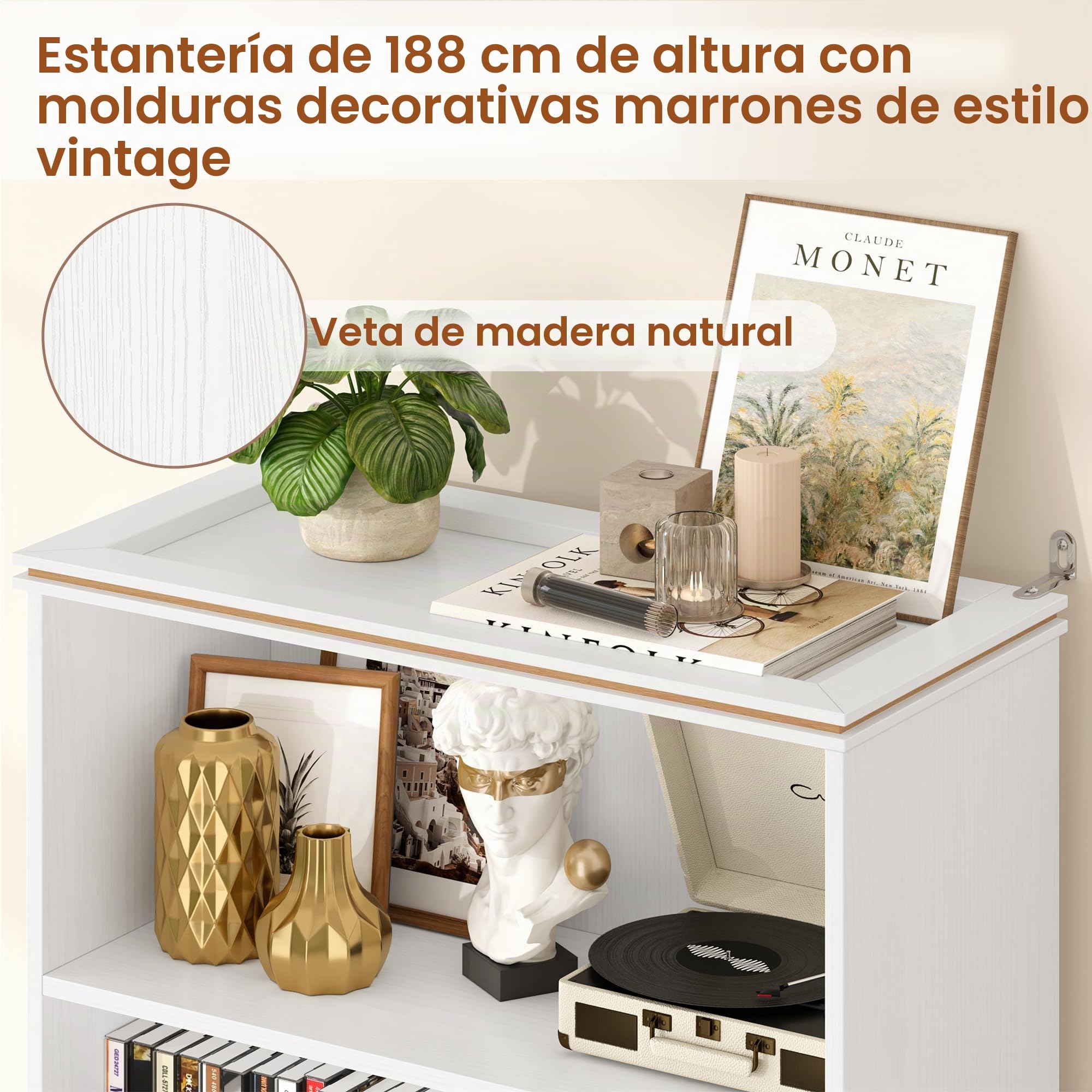 HOCSOK Estantería de pie de 188 cm de altura, con 7 niveles, estantería con vetas de madera natural, estantería de almacenamiento para estudio, oficina, salón, 188 × 60 × 30 cm, color blanco