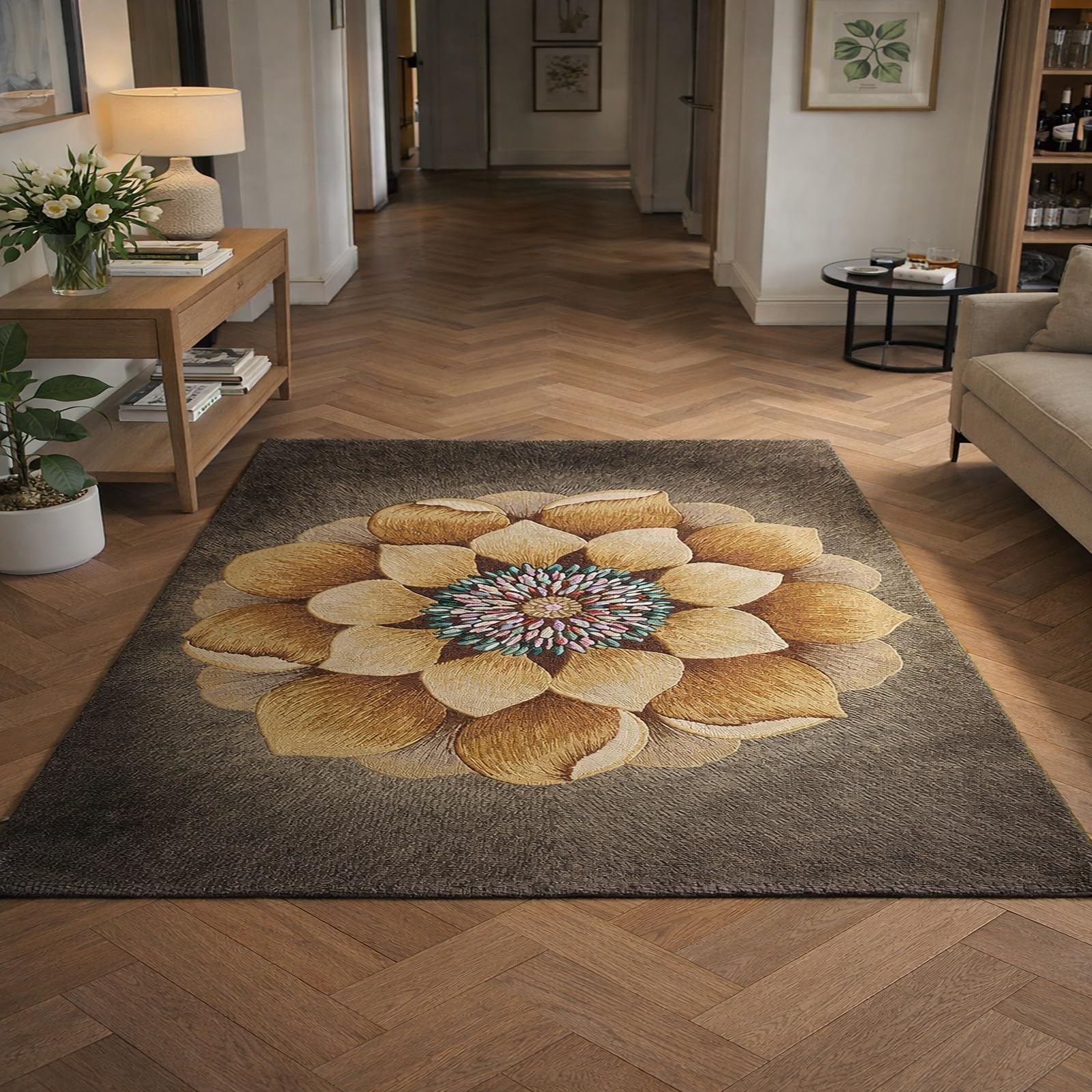 Alfombra de pelo corto para sala de estar de 180 x 200 cm floral y lavable