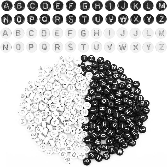 1000 Pcs Acrylic Letter Beads for Bracelets, Alphabet Beads 4x7mm A-Z Sorted, Letter Beads Round for Jewelry Making DIY Necklace Bracelet Keyring (White/Black Letter Beads with Silver Letter)