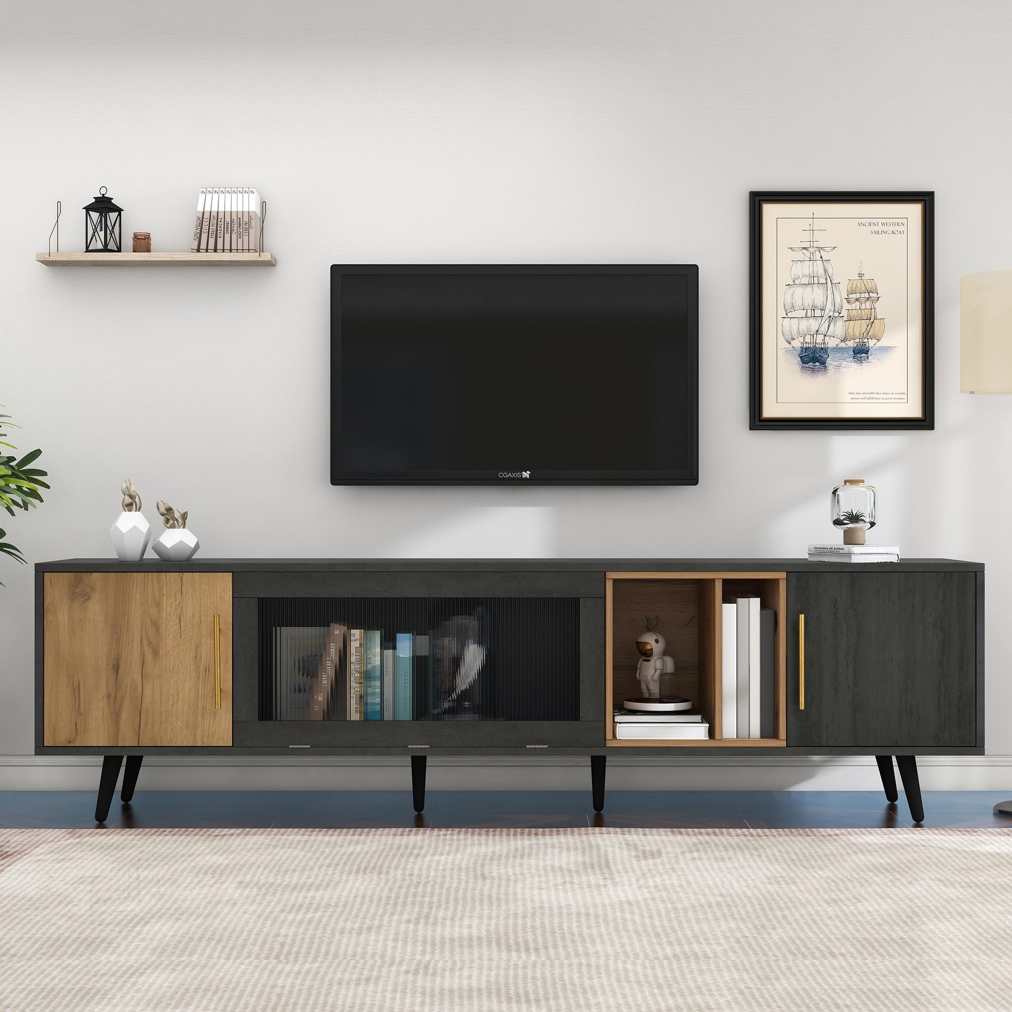 Merax TV Stand for 90 Inch TV, 200cm TV Unit with Pull Down Glass Door & Storage, Modern TV Cabinet Sideboard, Dark Wood TV Console Entertainment Centre for Living Room Bedroom