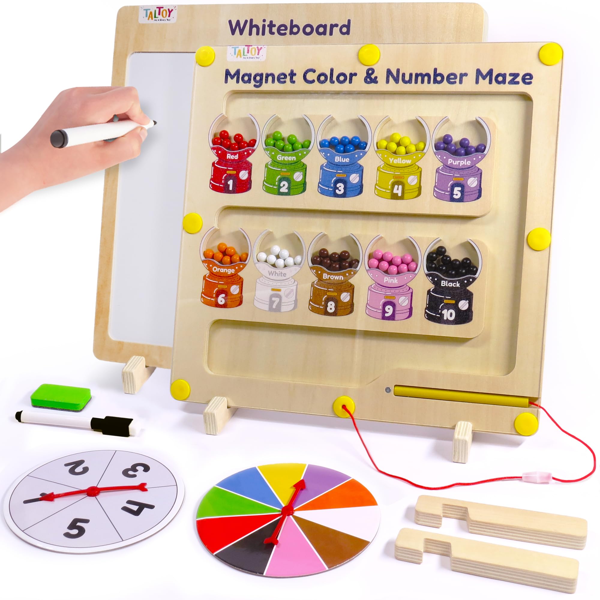 TALTOY Magnetic Color and Number Maze - Whiteboard on The Back + Marker + Dry Eraser + 2 Spinners + 2 Stands - Montessori Wooden Color Matching Puzzle