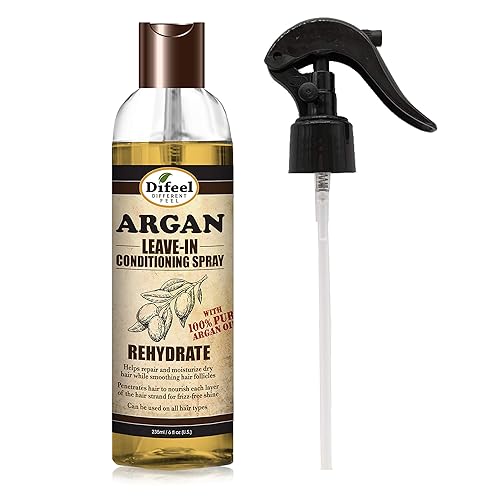 Difeel Tratamiento acondicionador sin enjuague Rehydrate Aceite de argán 100% puro de 6 onzas con tapa de pulverización y tapa dispensadora
