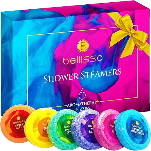 Aromatherapy Shower Steamers Set, Six Fizzies - Uplifting, Relaxing, Stress Relief Scents for Women and Men - Self Care Home Spa Experience - Christmas Day Stocking Stuffers and Relaxation Gifts