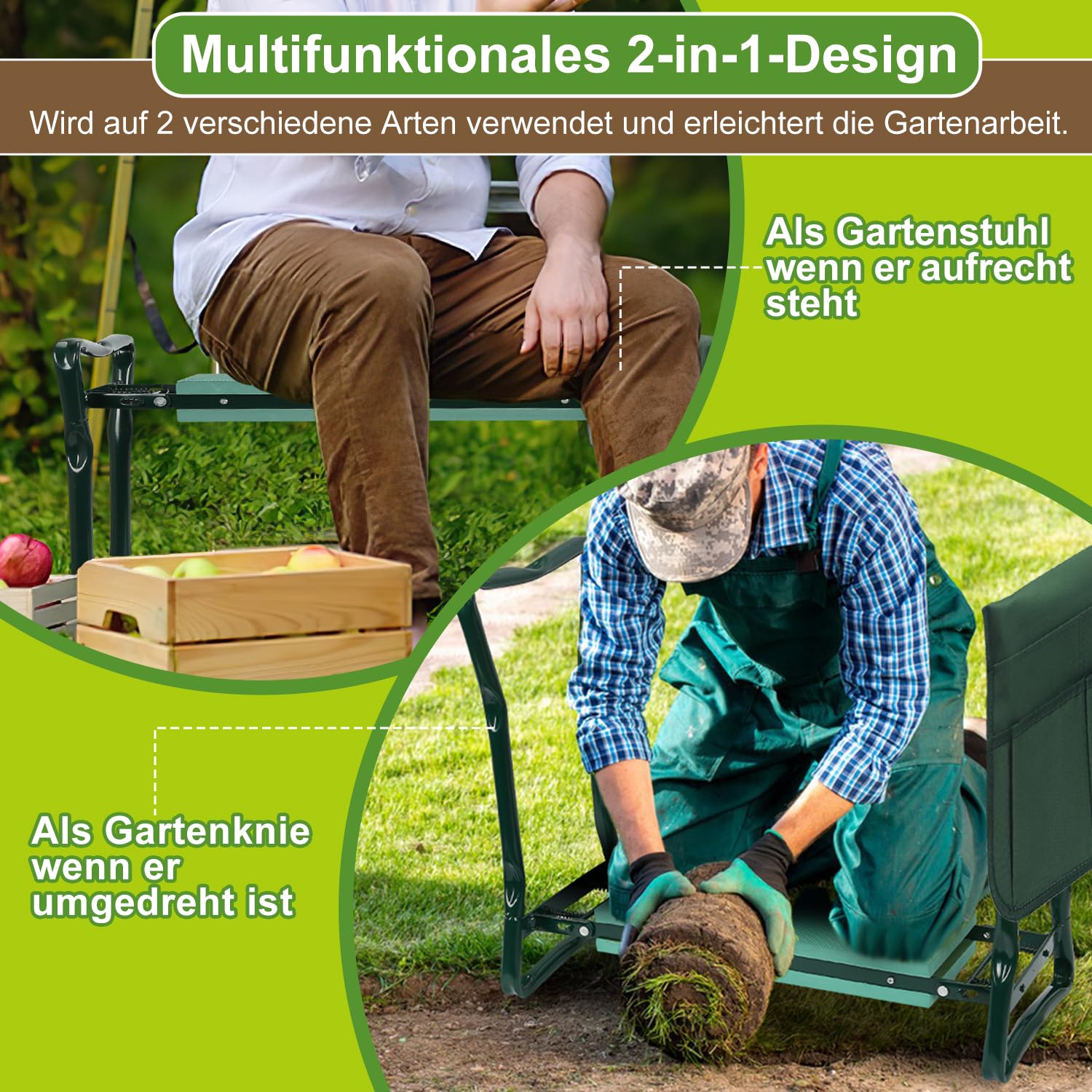 Sedile inginocchiatoio da giardino Panca da giardino 2 in 1, Sgabello per lavori di giardinaggio con cuscino in schiuma EVA, pieghevole, con borsa per attrezzi, sgabello da raccolto, verde