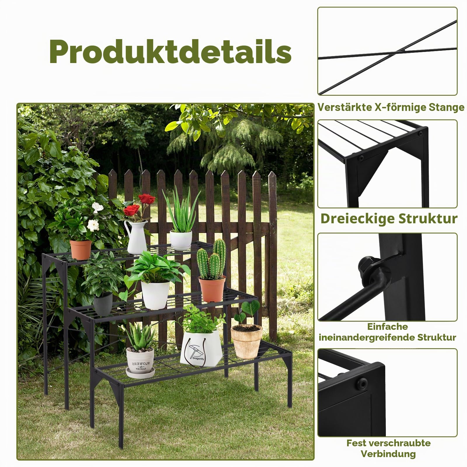 3-stöckiger Pflanzenständer Metall, Blumenständer mit 2 Etagen, Pflanzregal Blumenregal Blumentreppe für Wohnzimmer Garten Balkon, Multifunktionales Regal Shuhregal, Schwarz (Leiterform)