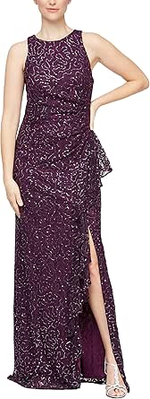 Alex Evenings Women's Long Sleeveless Cascade Ruffle Detail Dress with Front Slit