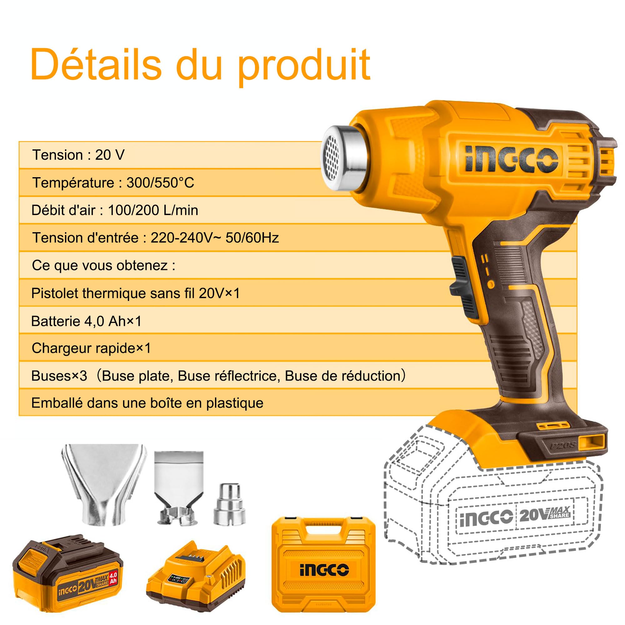 INGCO Pistolet à Air Chaud sans Fil 20V Contrôle de Température Variable, 300/550 °C, Decapeur Thermique Portable avec Batterie 4,0 Ah, Chargeur, 3 Buses, pour Travaux Manuels HGLI20025