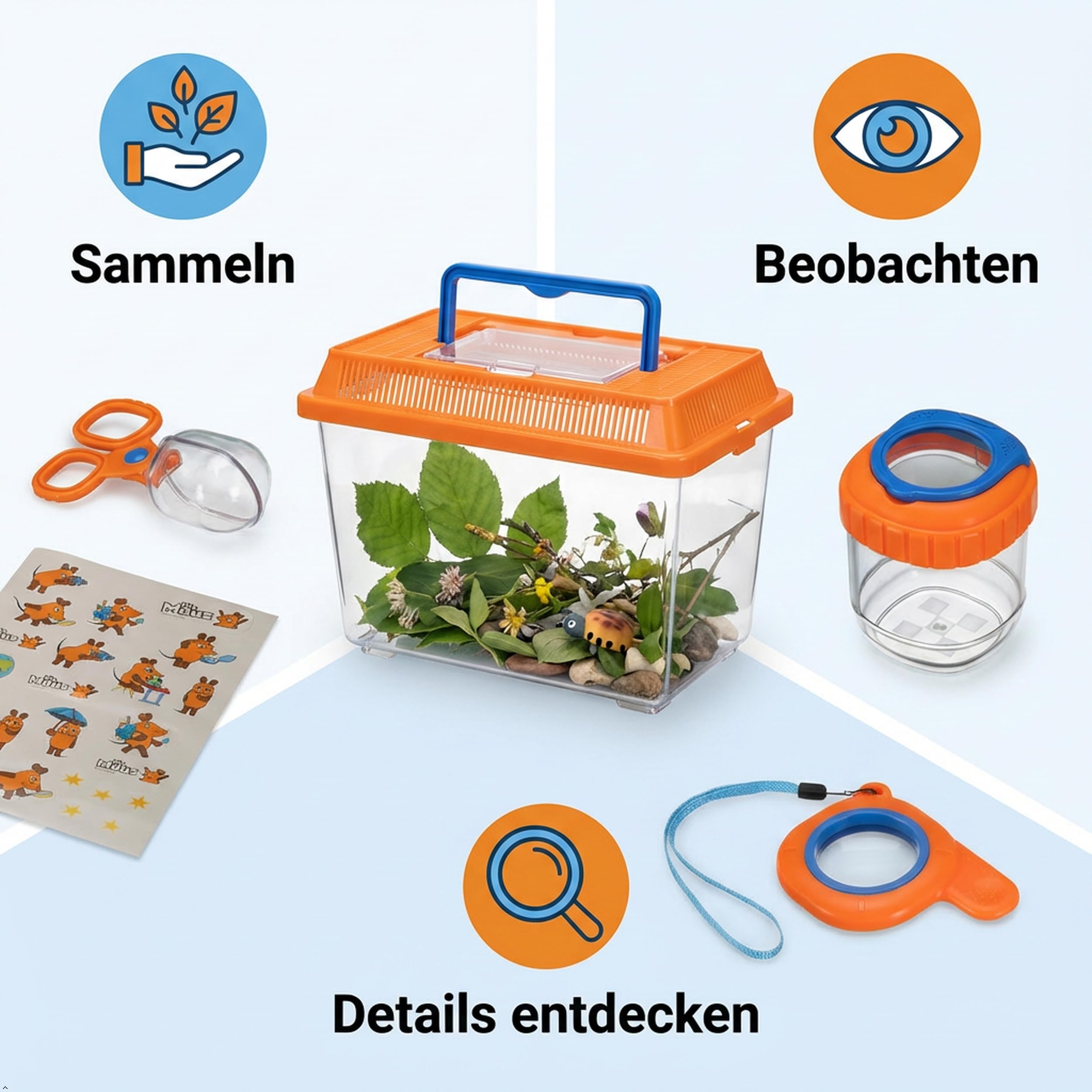 DieMaus Set esploratore bambini terrario retino lente barattolo lente attrezzo raccolta adesivi natura da 8 anni