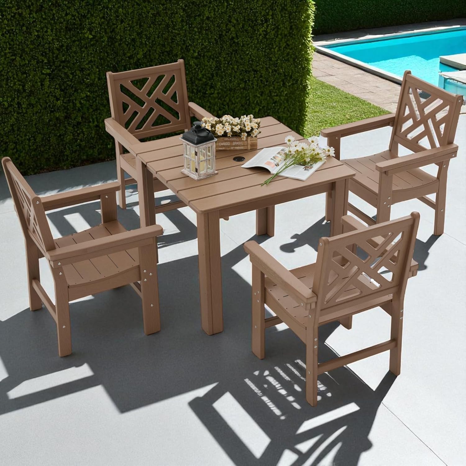 HDPE Outdoor Dining Set,5-Piece Outdoor Table and Chairs Include 4 Armchair Chairs and 32.5" Square Patio Dining Table with Umbrella Hole (Brown)