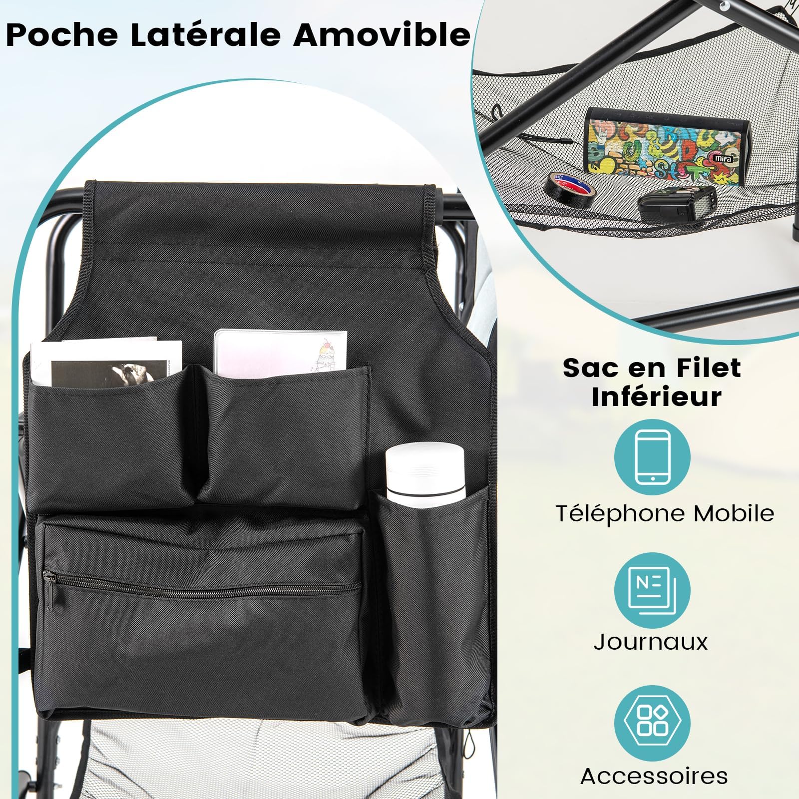 GYMAX Chaise Maquillage Professionnel 116,5 cm, Chaise Metteur en Scène Pliable Portable avec Plateau, Porte-Gobelet, Repose-Pieds, Sac en Filet, Poche de Rangement, Chaise Haute pour Studio