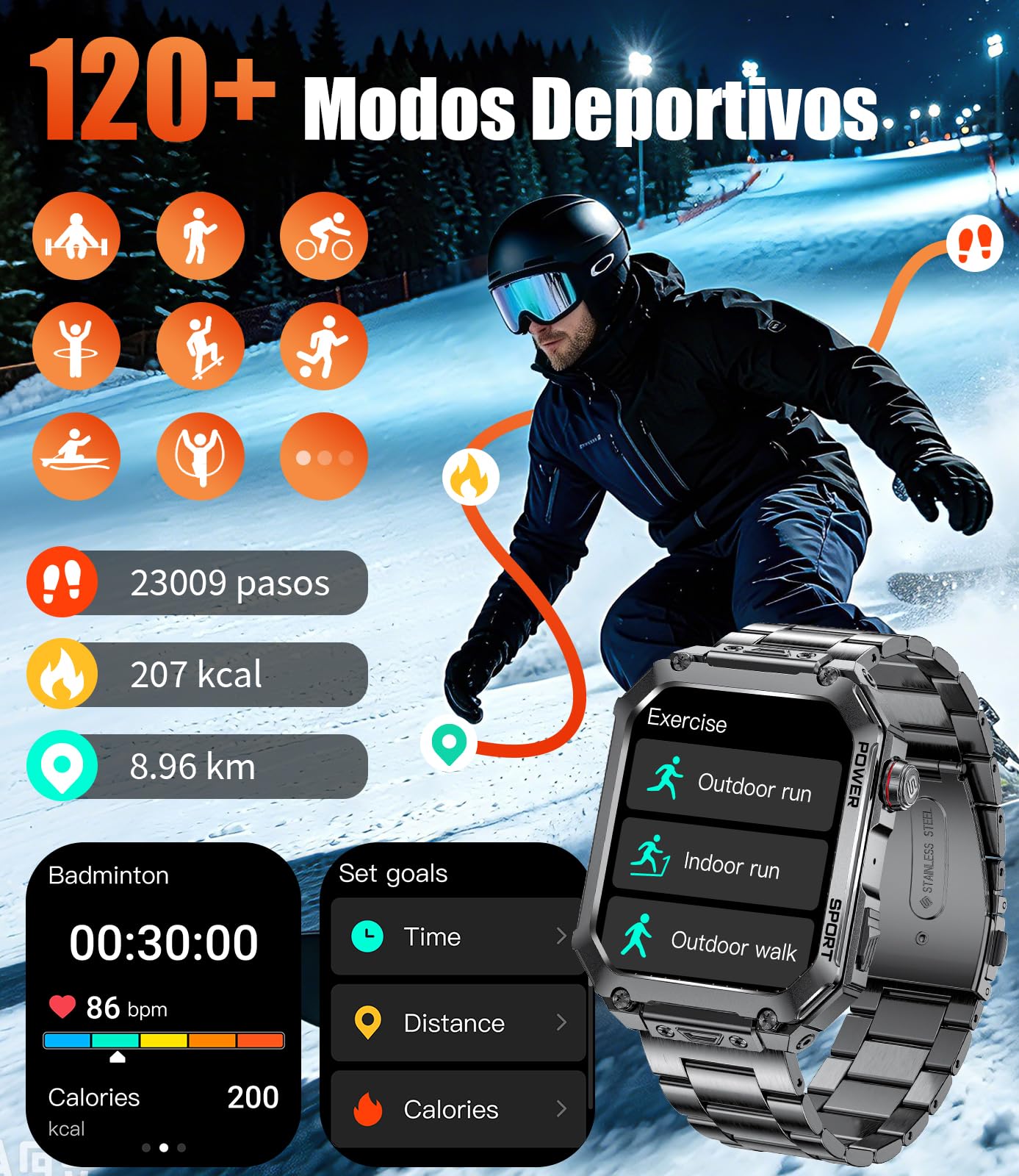 LIGE Reloj Inteligente Hombre con Gran Pantalla HD de 2,01" y 3 Correas, Llamadas Bluetooth, Frecuencia Cardíaca 24H, 120+ Modos Deportivos, IP68, Compatible con Android e iOS, EF2-L