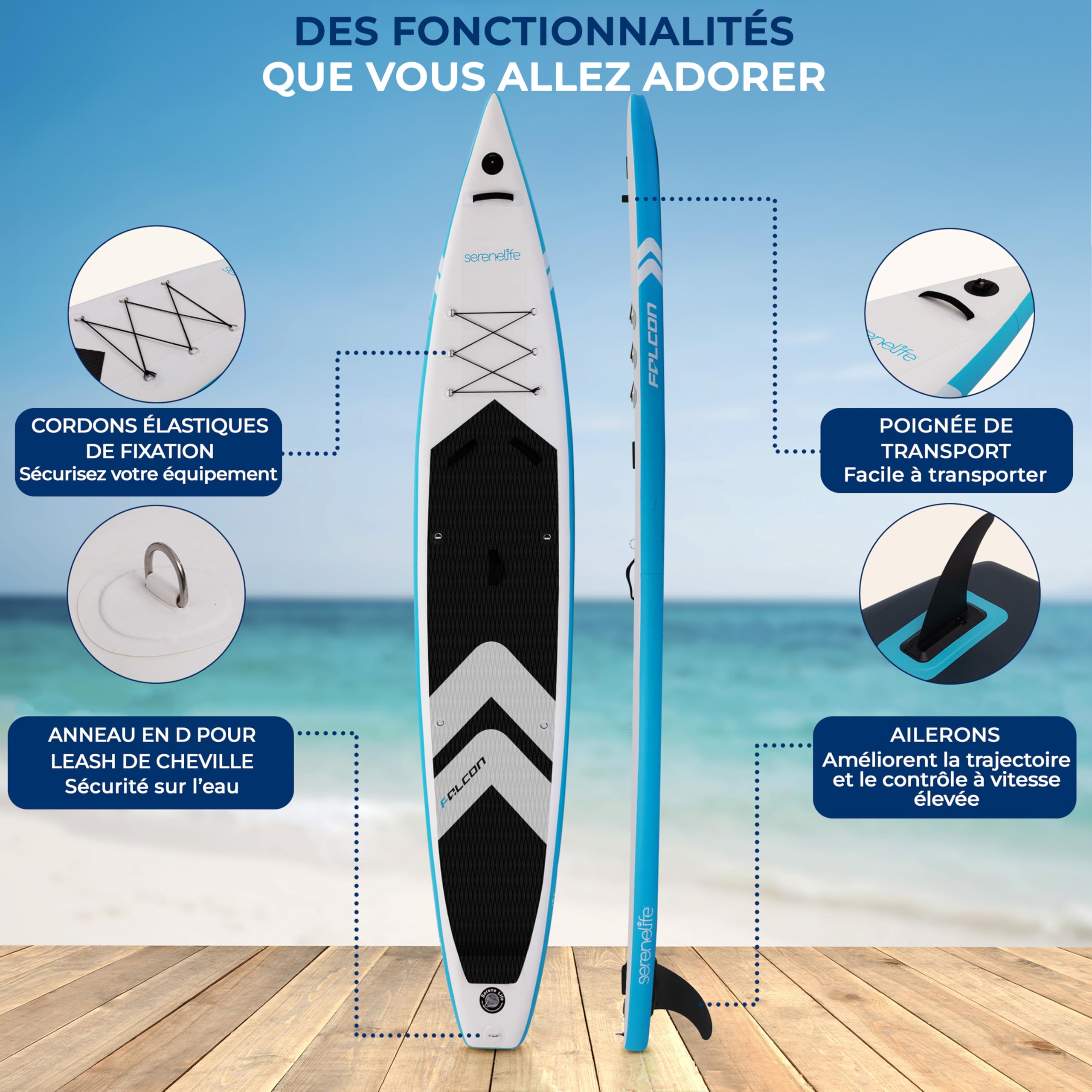 SereneLife Paddle Gonflable Racing 427 cm – Stand Up Paddle Haute Performance 71 cm Étroit pour Vitesse et Glisse, Tapis EVA Antidérapant, Support GoPro et Kit Complet