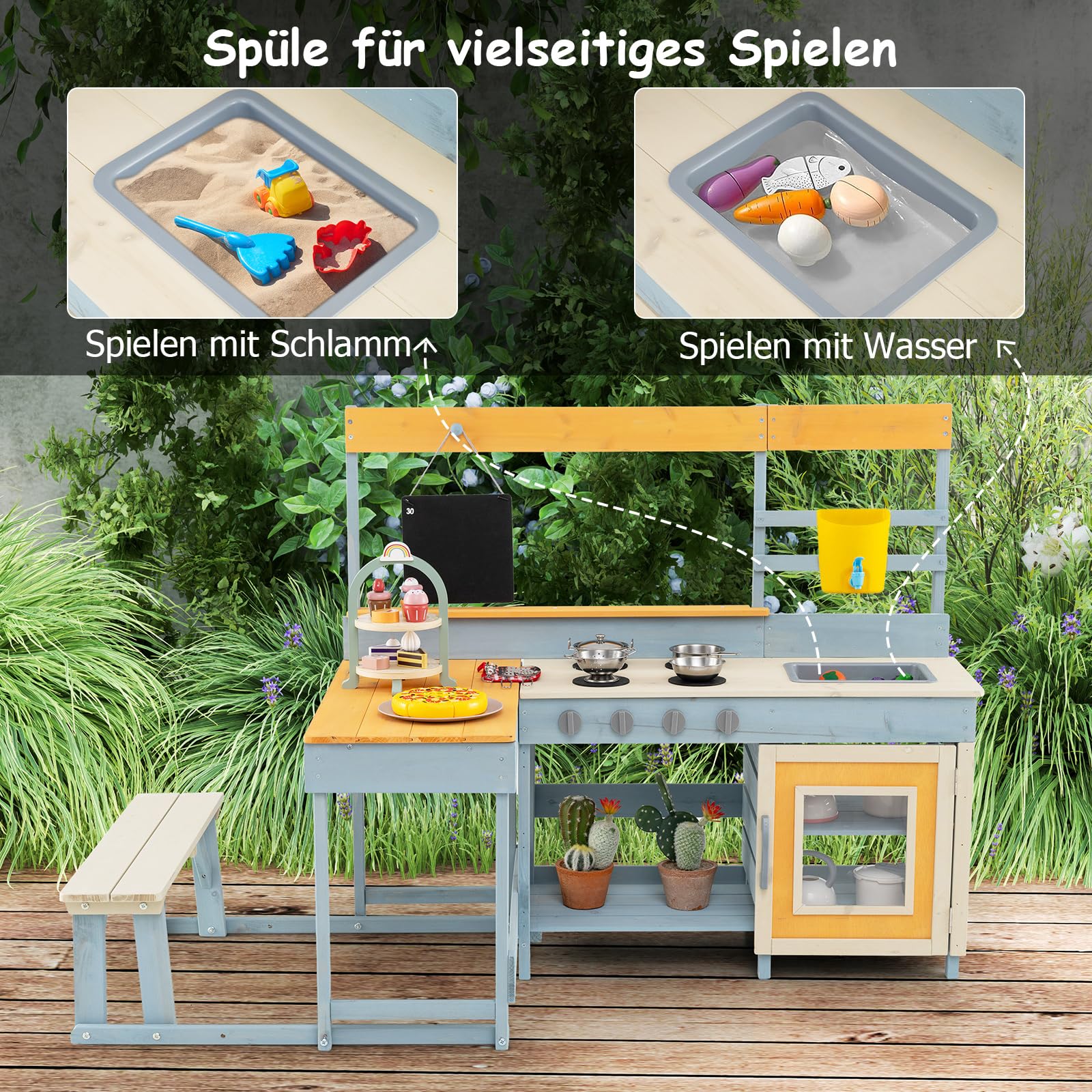 COSTWAY Matschküche Kinder, Outdoor Spielküche Holz mit Picknicktisch und Bank, Kinderküche mit Echtem Wasserhahn, Spüle, Tafel, Dessert- & Kochzubehör, Outdoorküche für Kinder ab 3 Jahren