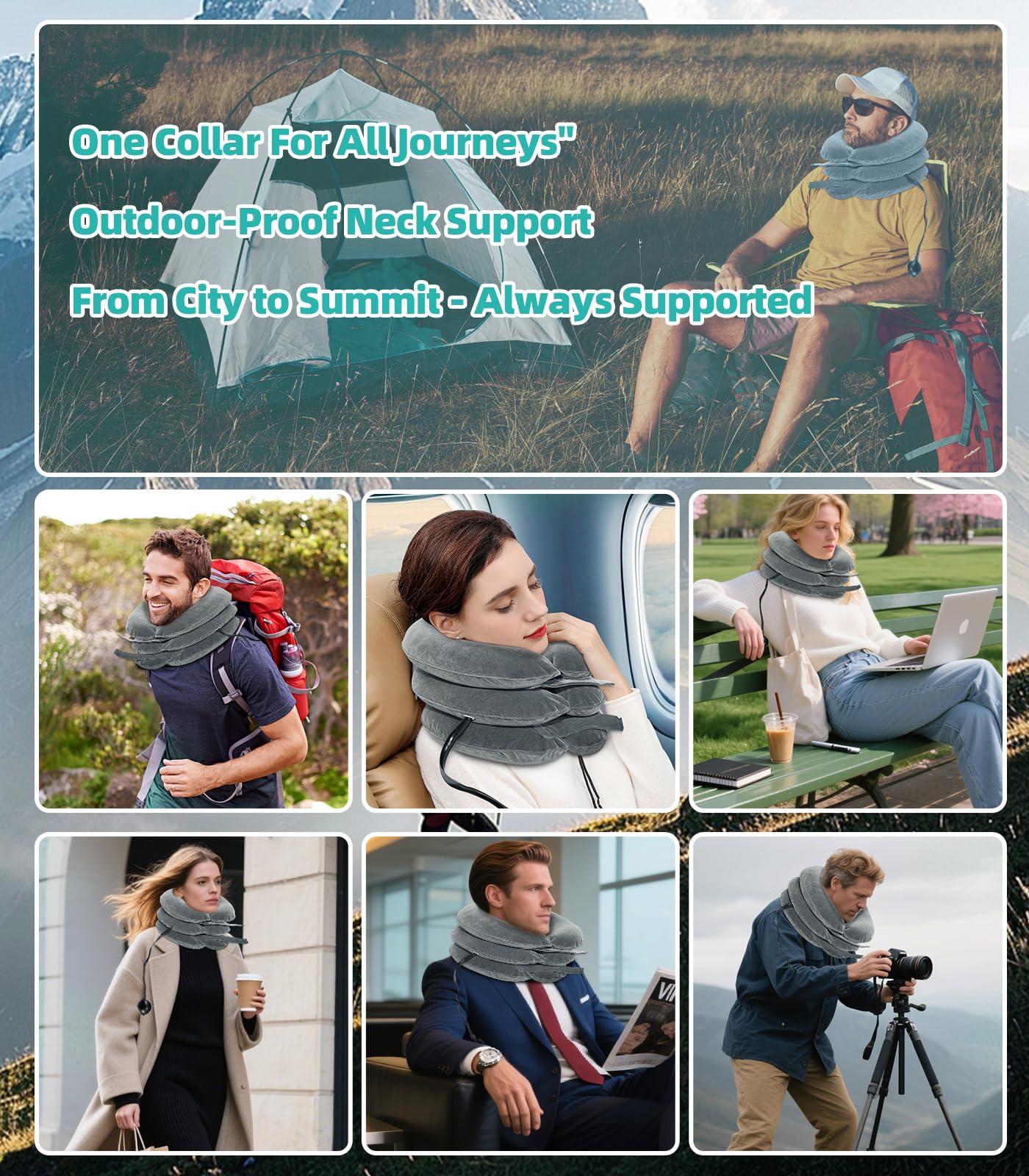 Coussin Cervical Gonflable - Extenseur de Cou réglable pour soulager la Douleur - Coussin de Nuque Ergonomique Portable avec Pompe à air - pour la Maison et Les Voyages - Gris