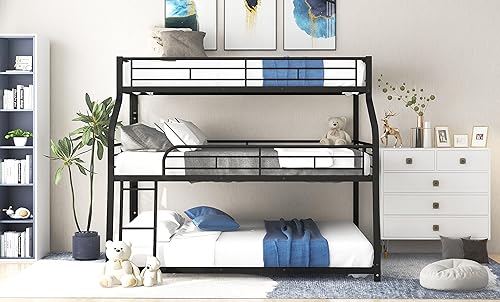 Miniatura 149 de Litera triple de metal, tamaño matrimonial XL sobre individual XL sobre tamaño Queen, elegante base de cama triple con seguridad garantizada para