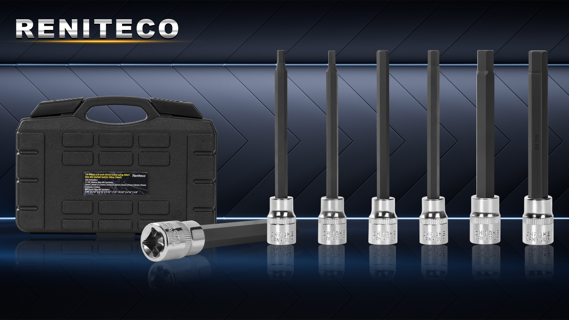 アレン 2点セット Reniteco 19-Piece 3/8 Inch Drive Extra Long Allen Hex Bit