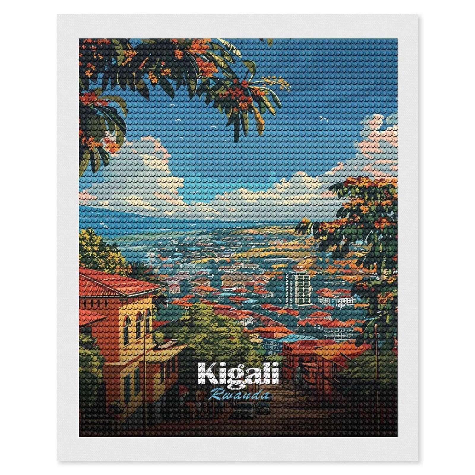 Junmoney Kigali, Rwanda Cityscape Illustration Diamond Art Kit 16"x20", Modern Decor, for Adults, Printed Canvas, Holiday Gift Idea, Fun Craft Experience