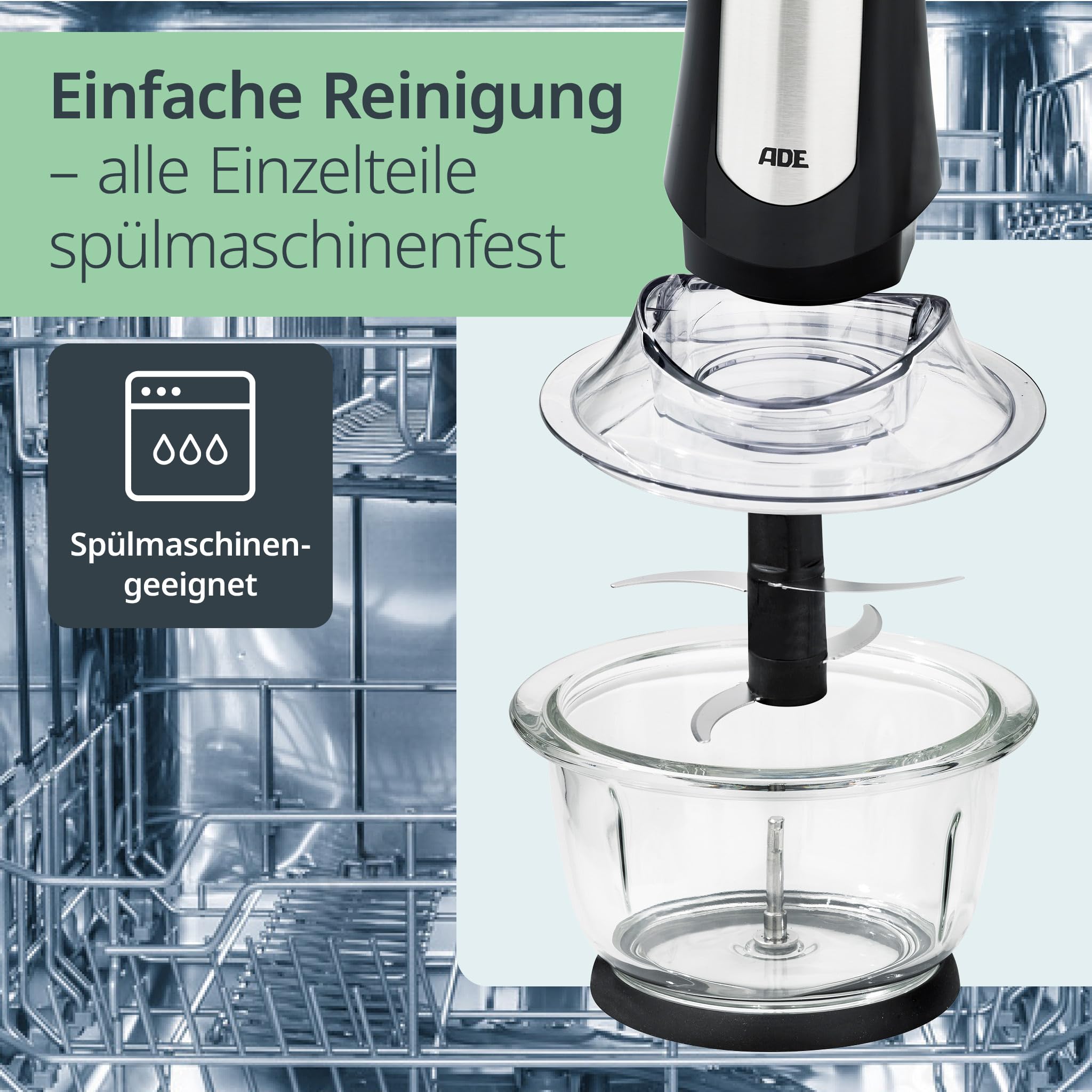 ADE Kraftvoller elektrischer Zerkleinerer | starker 500 W Motor | große 1,2 l Glasschüssel | 4 Edelstahlklingen | 2 Geschwindigkeiten | Zwiebeln, Gemüse, Fleisch | Zwiebelschneider
